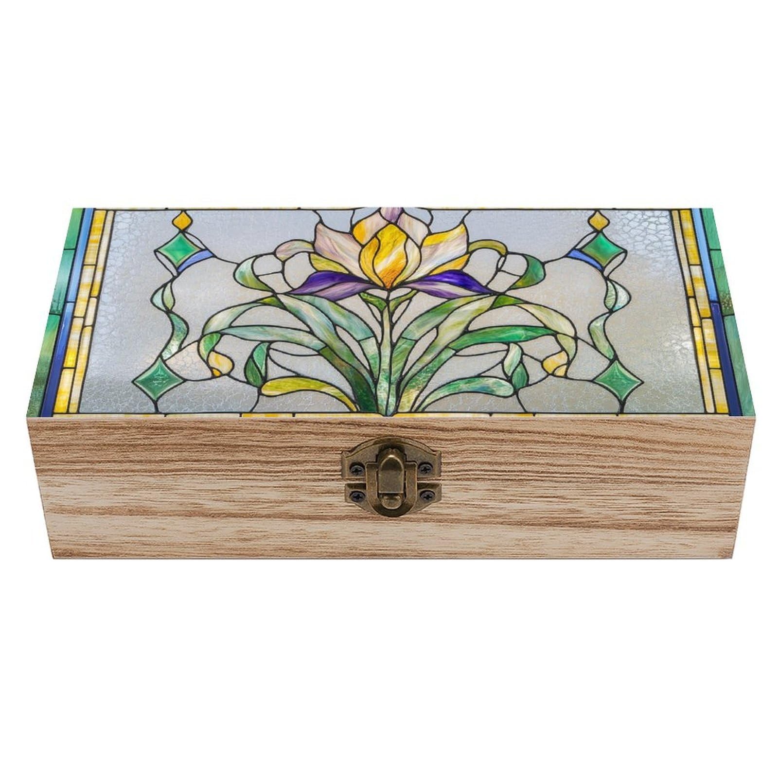 Jubonexis Stained Glass Nouveau Floral Green And Yellow Wooden Storage Box with Hinged Lid And Front Clasp Large Keepsake Box