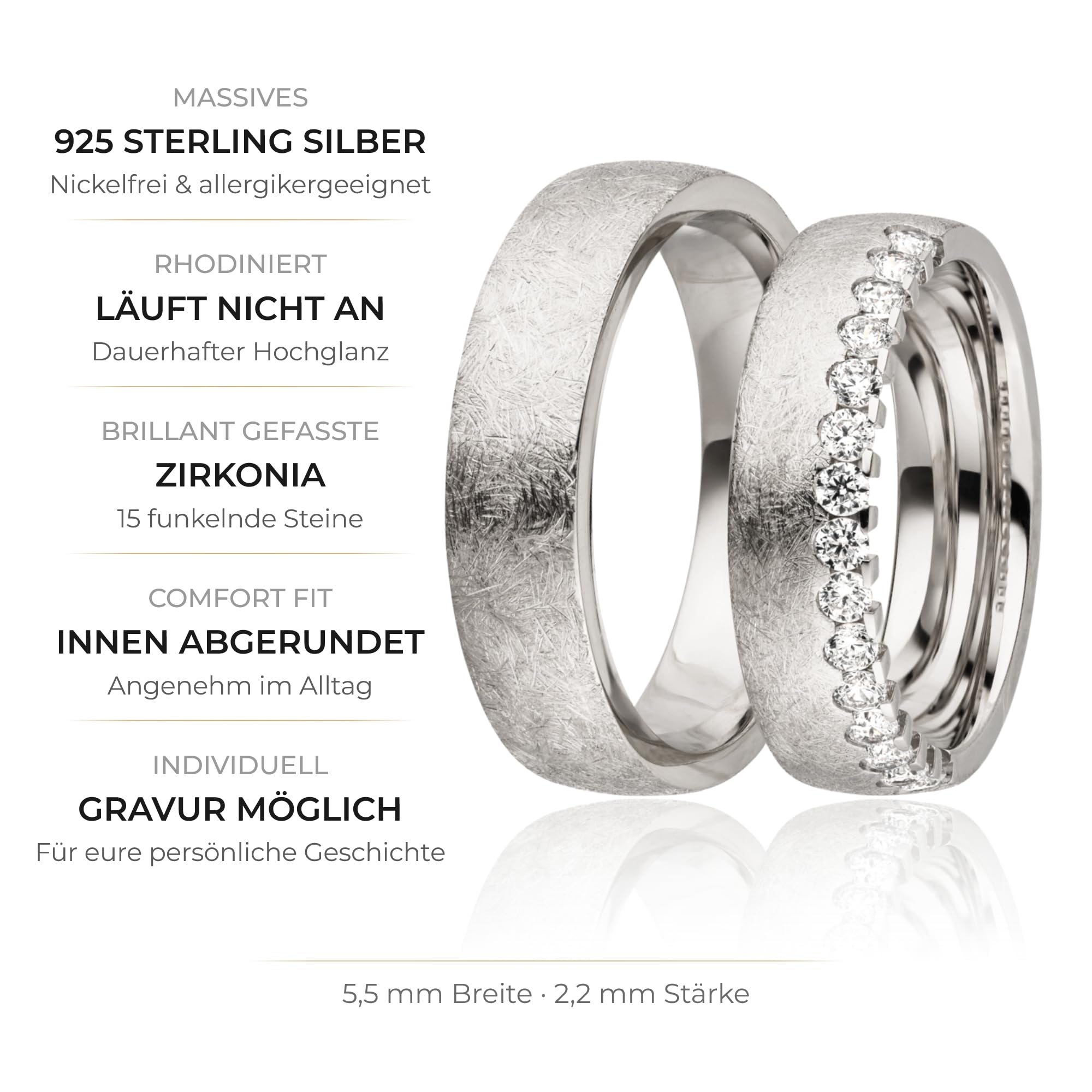 Kolibri Rings Paarpreis Silber Eheringe Eismatt Rhodiniert 15 Zirkonia Steine Trauringe Partnerringe Freundschaftsringe - Gratis Gravur und Etui