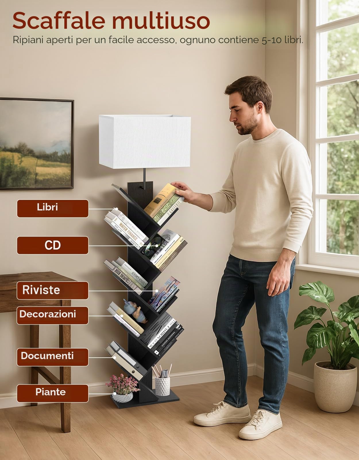 Libreria ad Albero a 9 Ripiani con Luce, Telecomando e Timer – Scaffale Salvaspazio Verticale in Legno, Piccola Libreria per Libri, CD, per Cameretta, Soggiorno, Ufficio