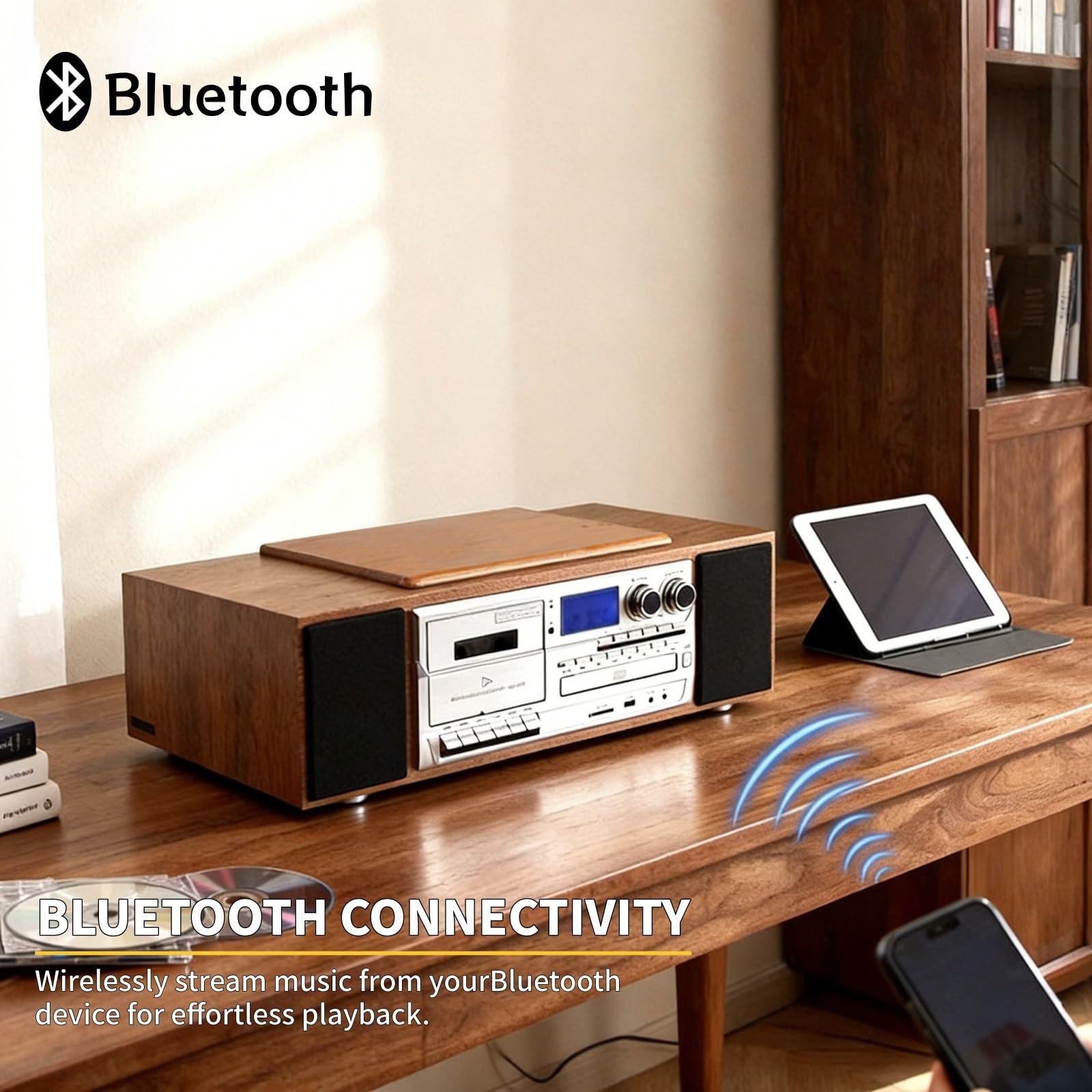 Lettore CD portatile con telecomando, lettore musicale desktop per la casa, doppio altoparlante integrato, supporta le funzioni di trascrizione