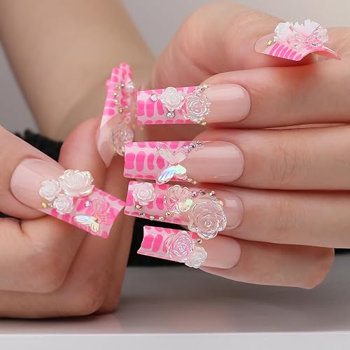 Uñas postizas a presión con punta francesa color rosa, uñas postizas largas cuadradas de lujo, diseño de flores 3D, acabado UV, uñas postizas de
