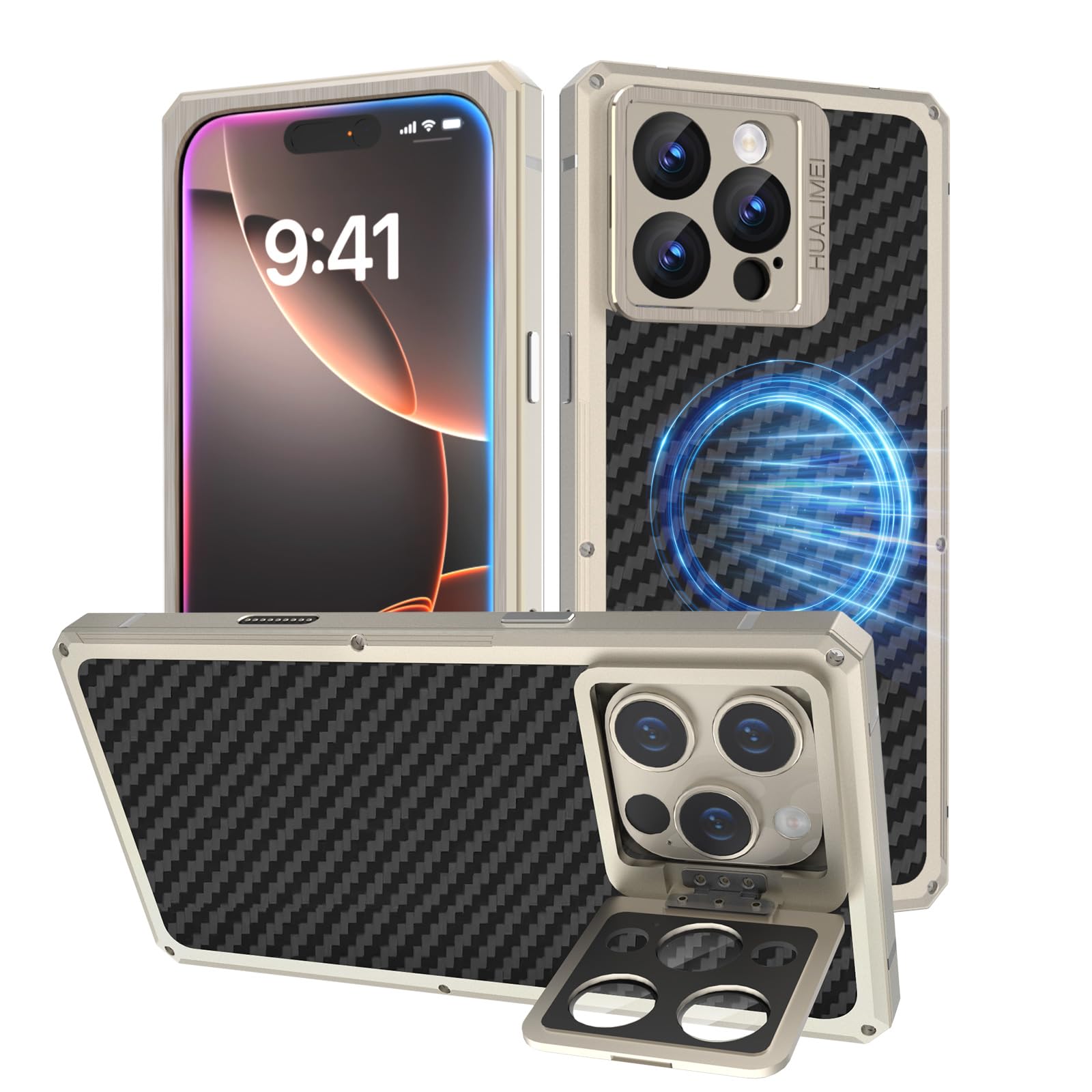 Luxury Carbon Fiber Aluminum Case for iPhone 16 Pro Max Heavy Duty Rugged Military Protective Phone Cover with