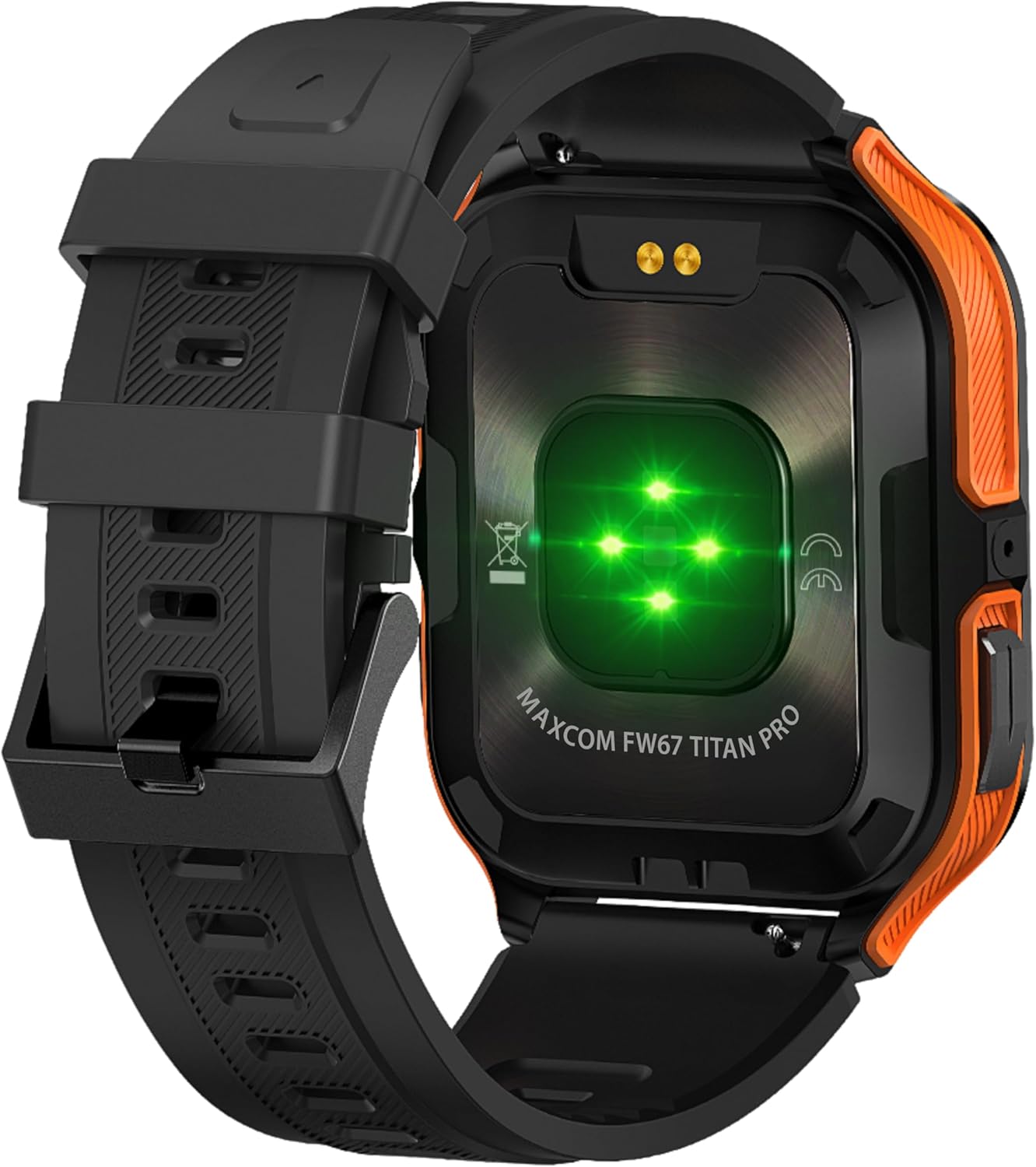Back view of MAXCOM FW67 Titan Pro Smartwatch showing heart rate sensors and charging pins.