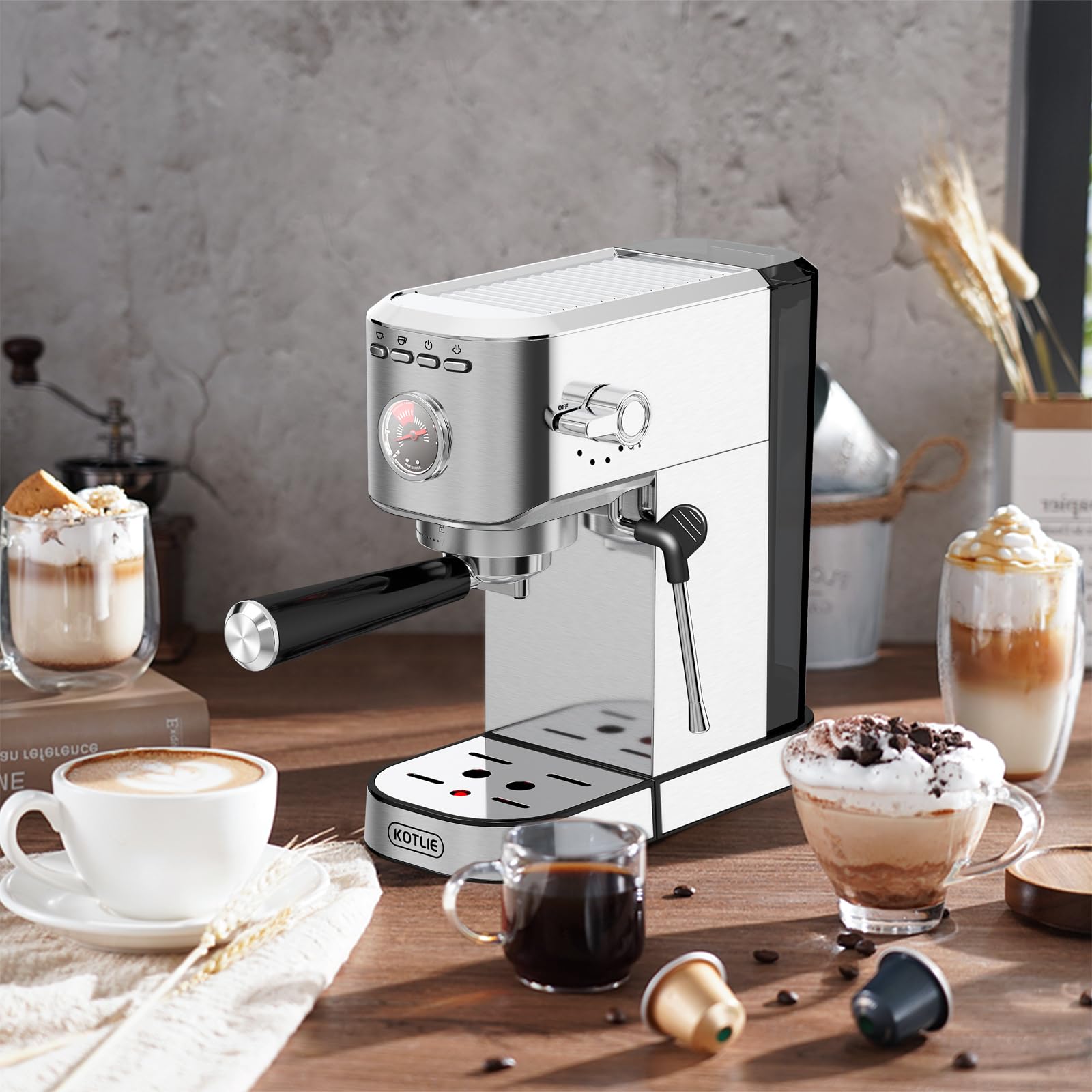 KOTLIE CM5080 Macchina per Espresso, Macchine per Cappuccino Con Montalatte e Manometro Visivo,20 Bar,1350 W,1 L Rimovibile Serbatoio