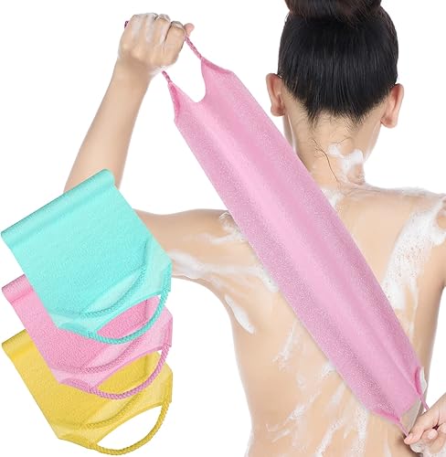 Paquete de 3 unidades exfoliante de espalda con asas, paño exfoliante de nailon de longitud extendida, cepillo exfoliante corporal con correa