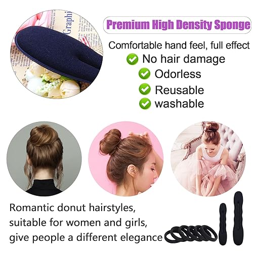 Miniatura 2 de Paquete de 4 moldes para hacer moños para el cabello, máquina para hacer moños de dona, fácil de poner a presión, esponja, dona, para mujeres con