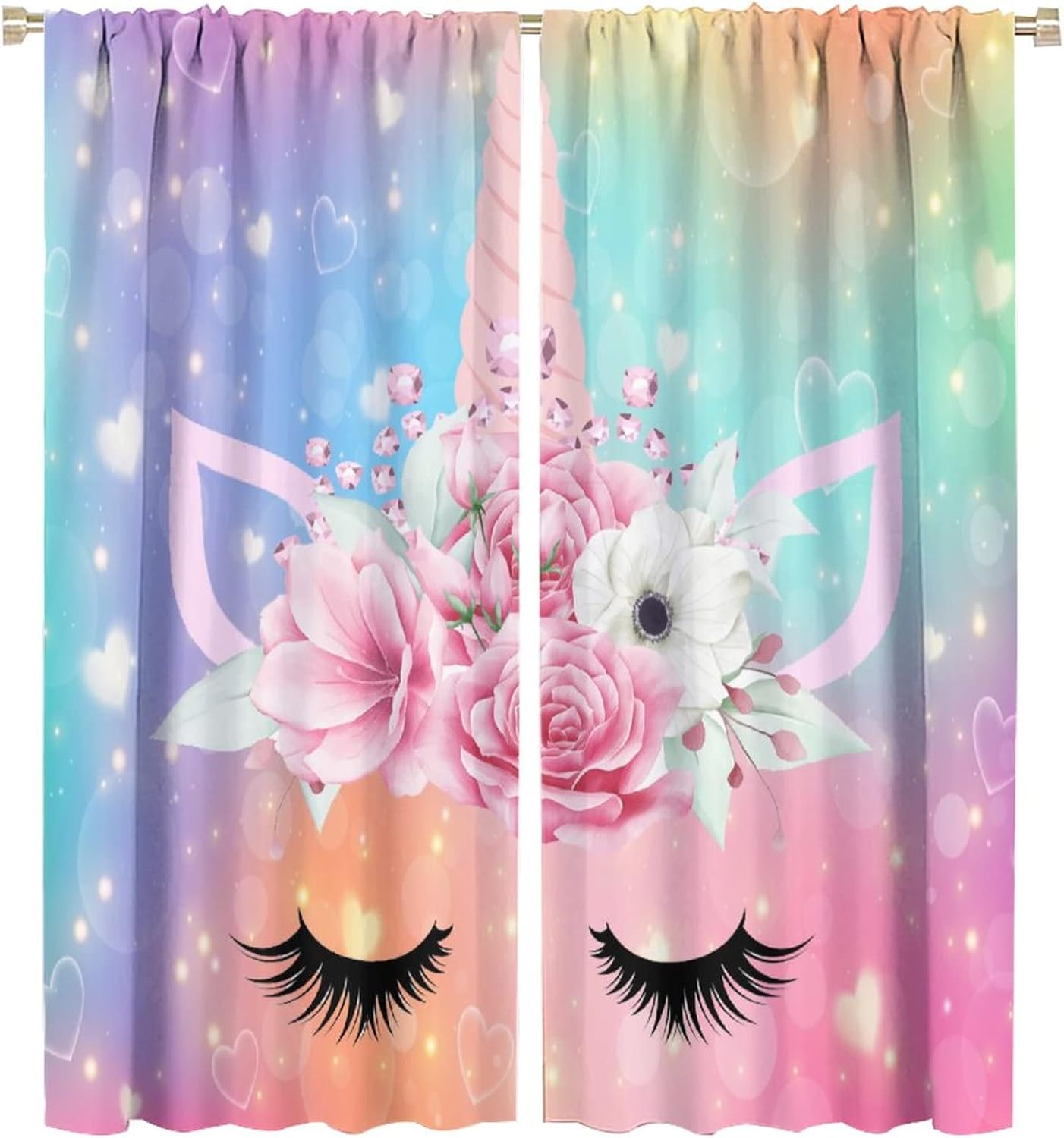Colorful Unicorn Curtains Fantasy Animal Rainbow Floral Star Kids Girls Bedroom Decor Printed Rod Pocket Blackout Window Drapes for Living Room Kitchen W55 x L63