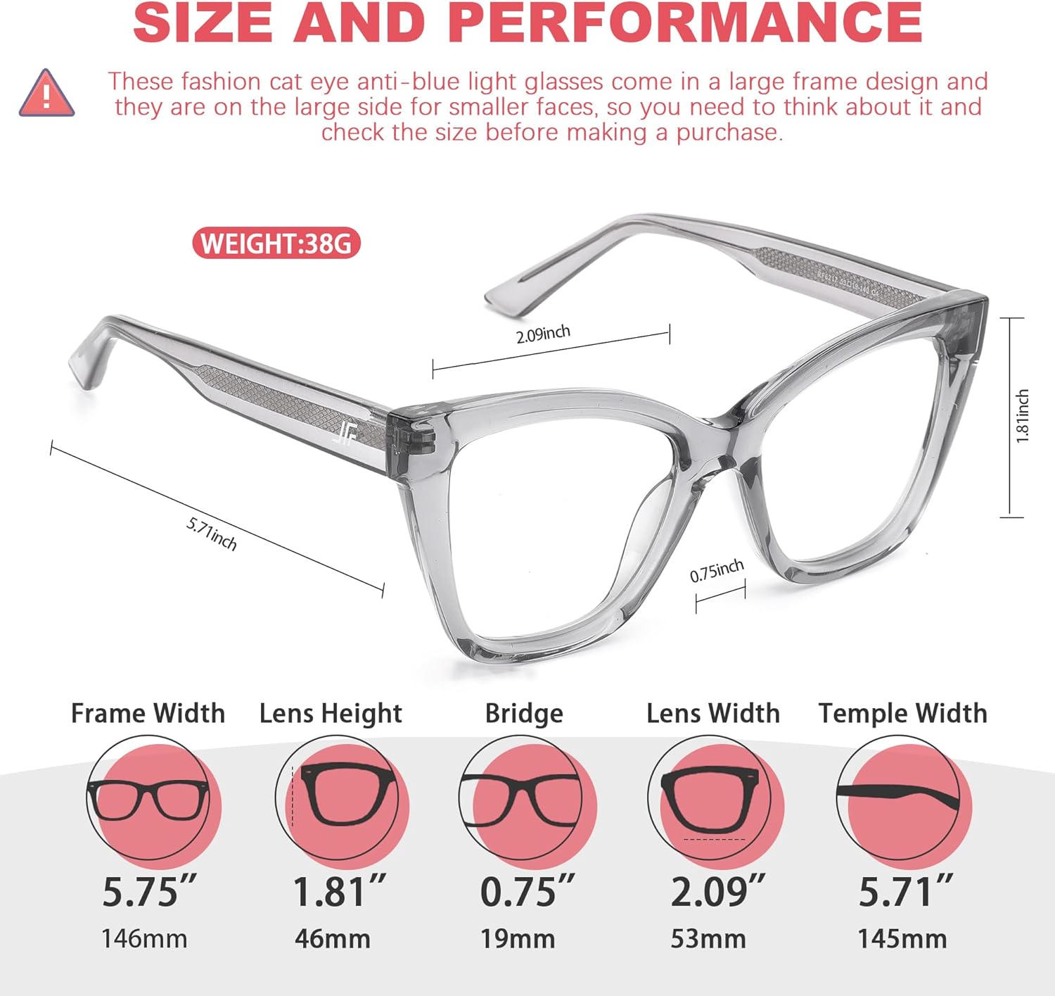 Women's Oversized Blue Light Blocking Glasses, Cat Eye Computer Gaming Glasses Anti Eyestrain & UV Glare RF6217 (Smoke Grey Cateye Frame) - Image 3