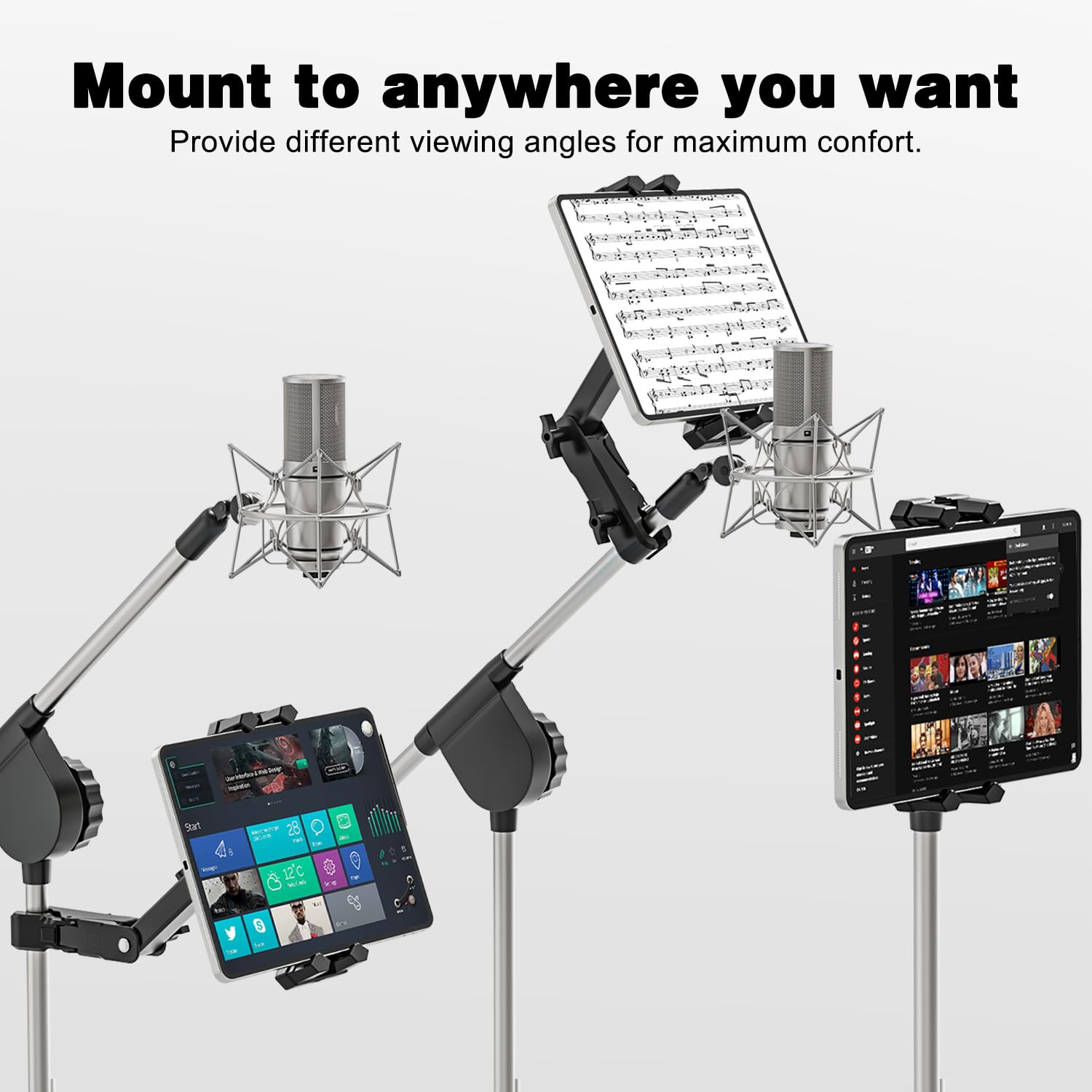 Support Tablette de Microphone, Pieds de Micro Musique Pivotant à 360°, Support de Tablette et Téléphone pour iPad, Pro, Mini, Air 4,7-13,5 Pouces Tablette Téléphone