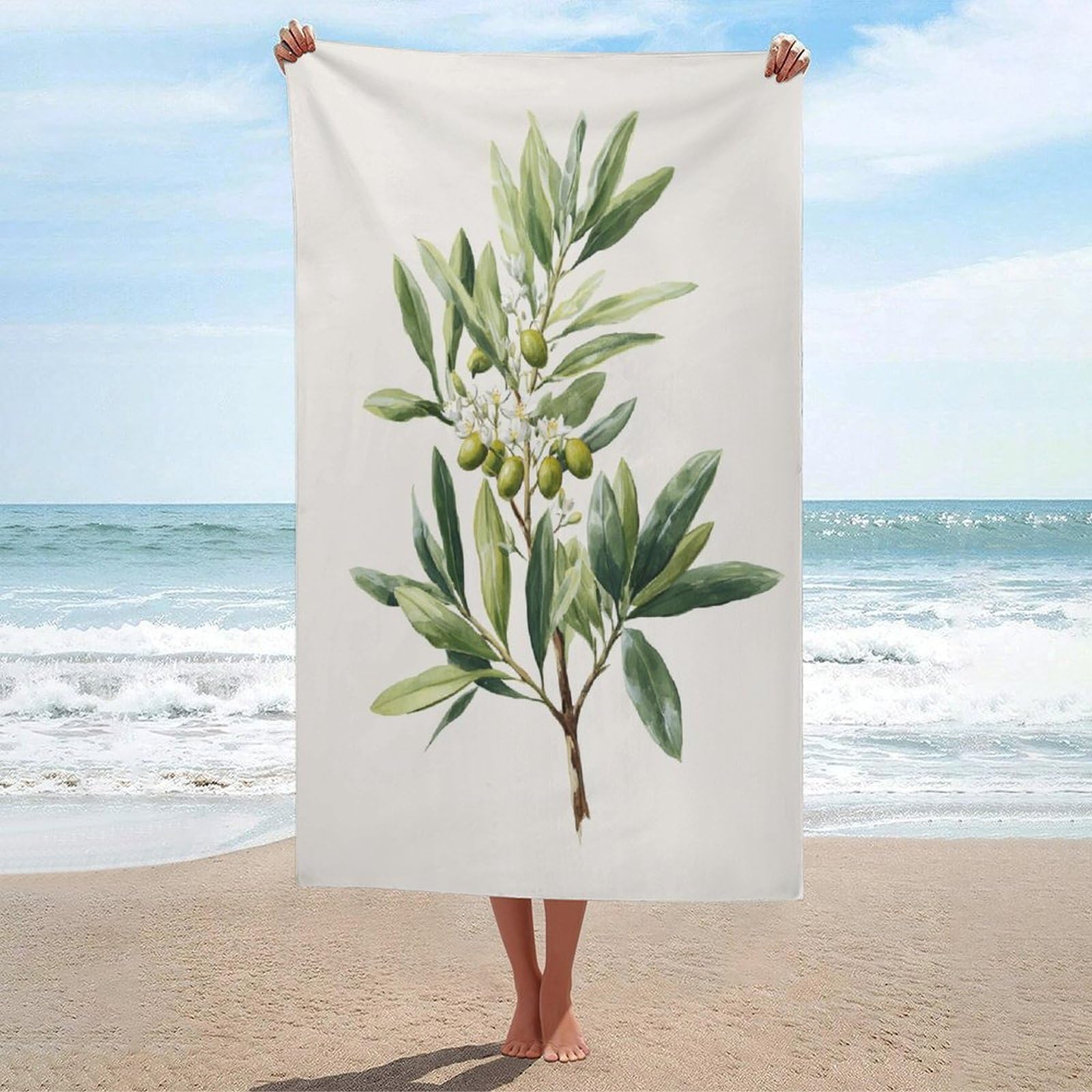 LSRCPD Botanical Art Olive-Green Wildflower Vintage Beach Towel Sand Free Microfiber Large Shower Towels Multipurpose Absorbent for Bathroom Pool 130x80 CM