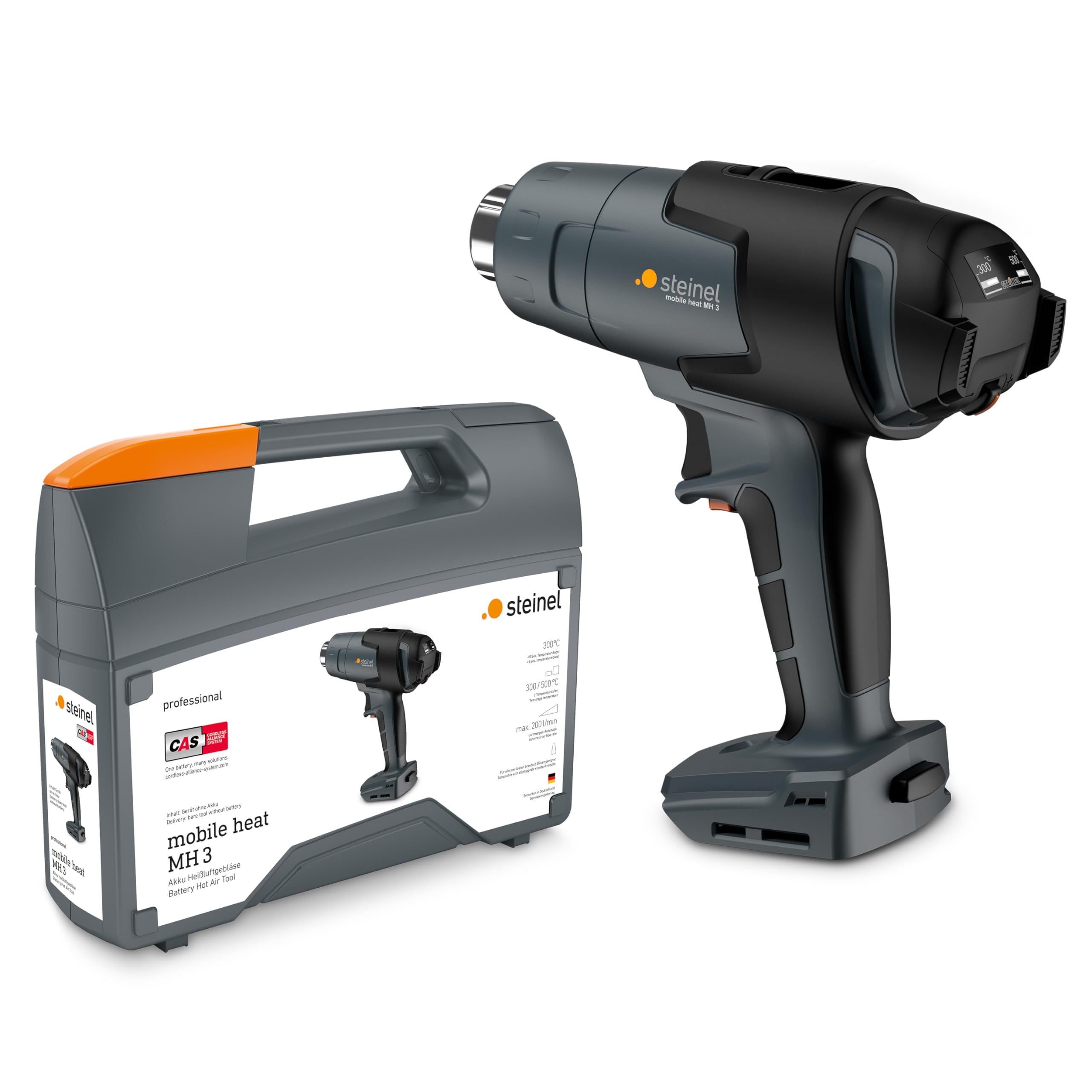 Steinel Mobile MH3 Cordless Heat Without Battery, 18 V Professional Hot Air Gun with Case, 500 °C|200 L/min, LED Light, Gray