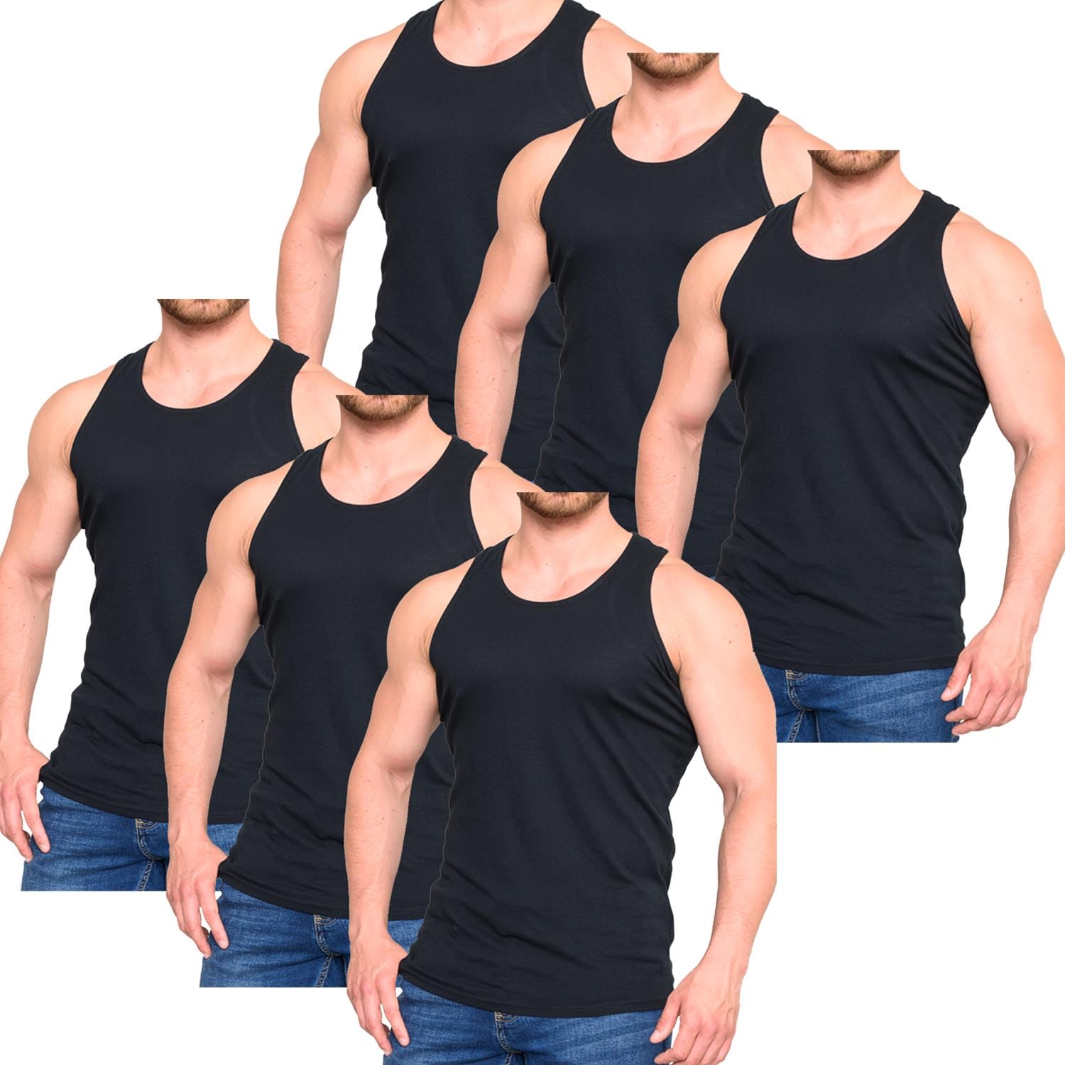 Jeanbase Men's Black 6Pk Vests 3 Pack & 6 Pack Undershirts Tank Tops Sleeveless Cotton Undershirt Gym Summer Pack Of 3 Vests For Uk 3XL