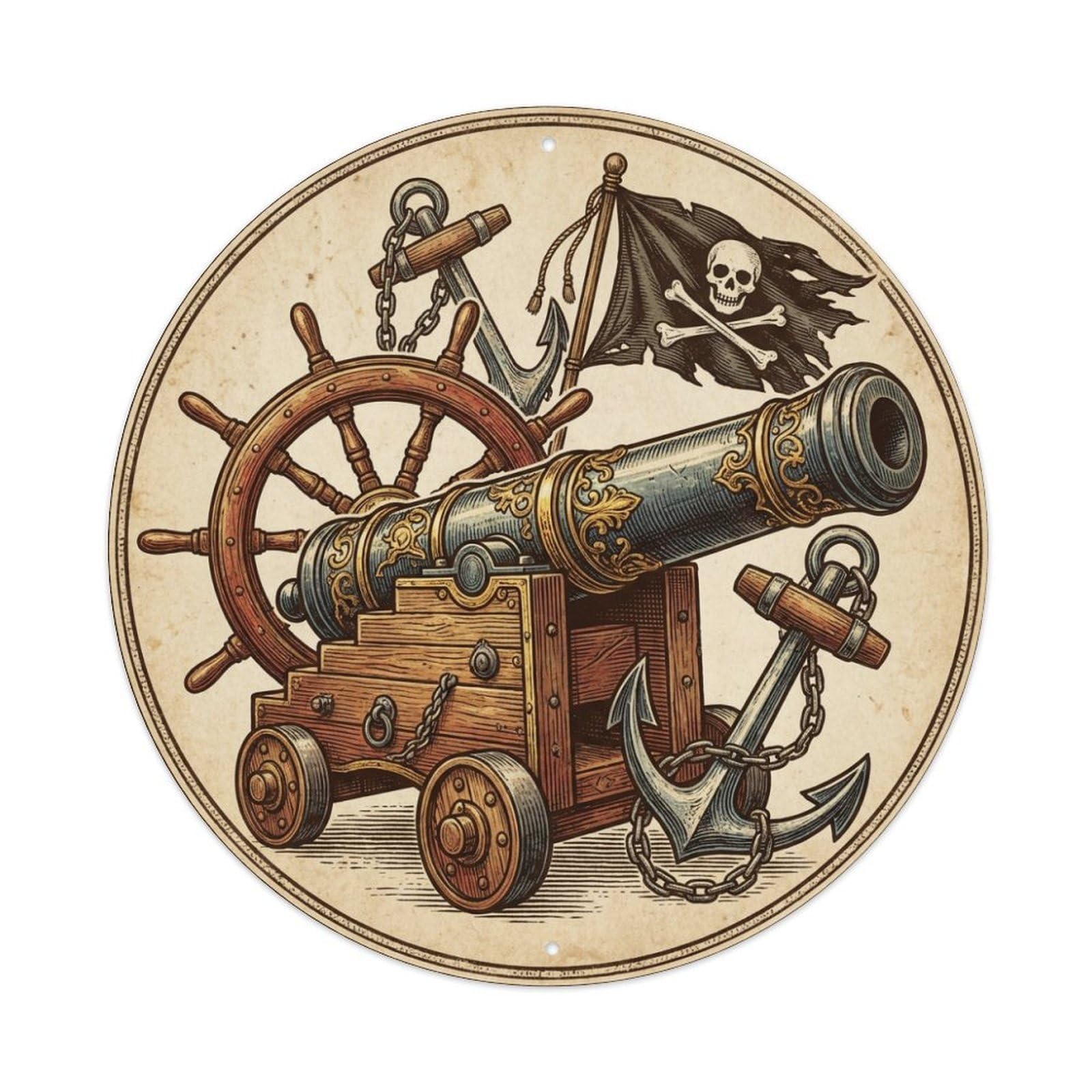 Big Cannon Ship Wheel Anchor Black Flag Emblem Metal Tin Sign