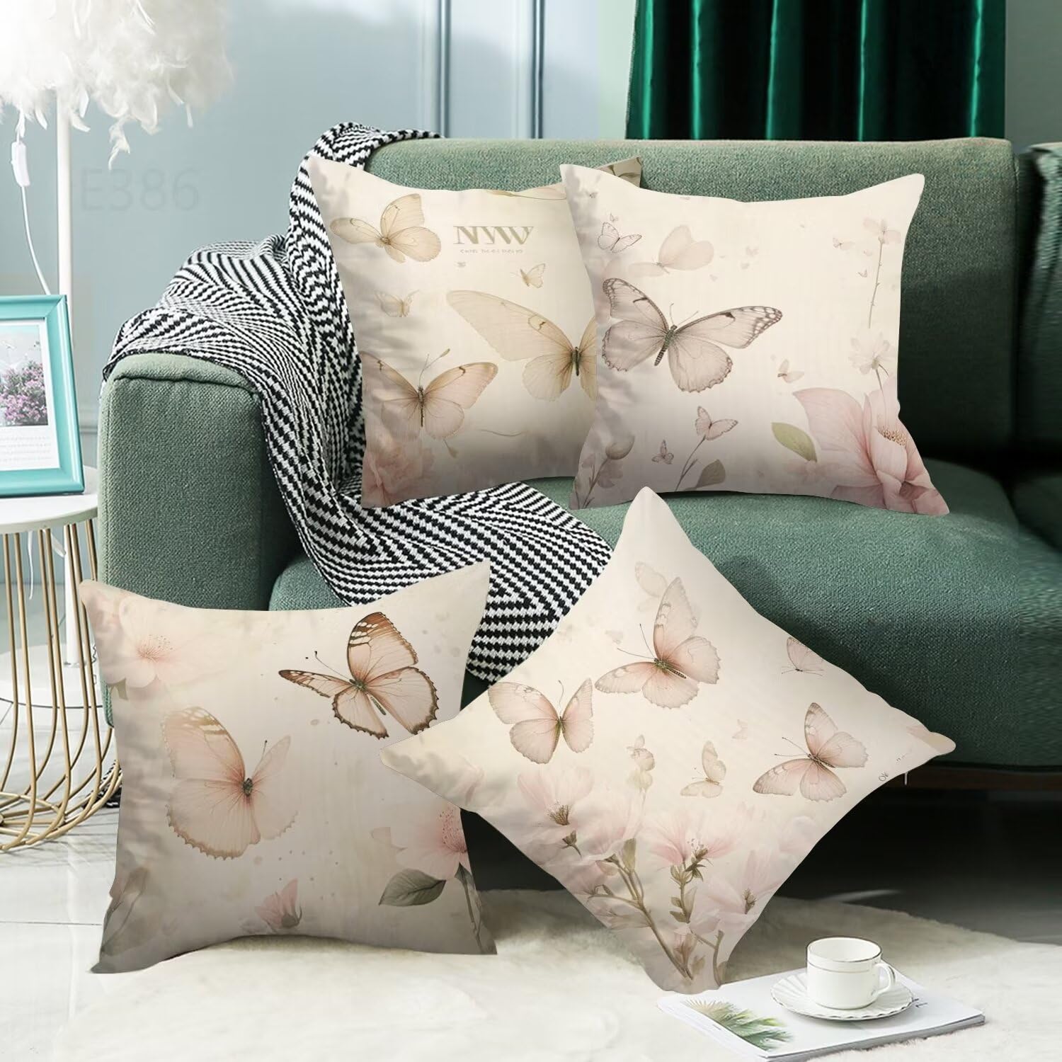 Cachi Federe Cuscini Divano 50x50cm,4 Pack Farfalla Estate Esterno Cuscini per Divano,Doppio Lato Quadrato Morbido Cuscini Divano,per Divano Soggiorno Sedia Autunno Dekoration Cuscino,Regali LY-386