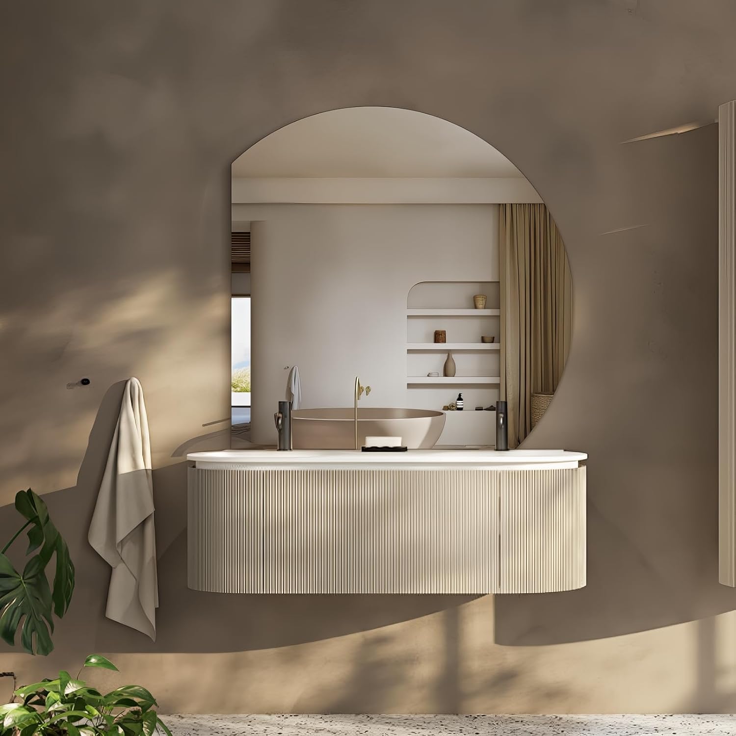 43" Half Moon Wall Mirror for Bathroom, Frameless Bathroom Mirror, Modern Vanity Mirror for Bedroom Living Room Entryway, Decorative, Shatterproof, Left/Right Cut