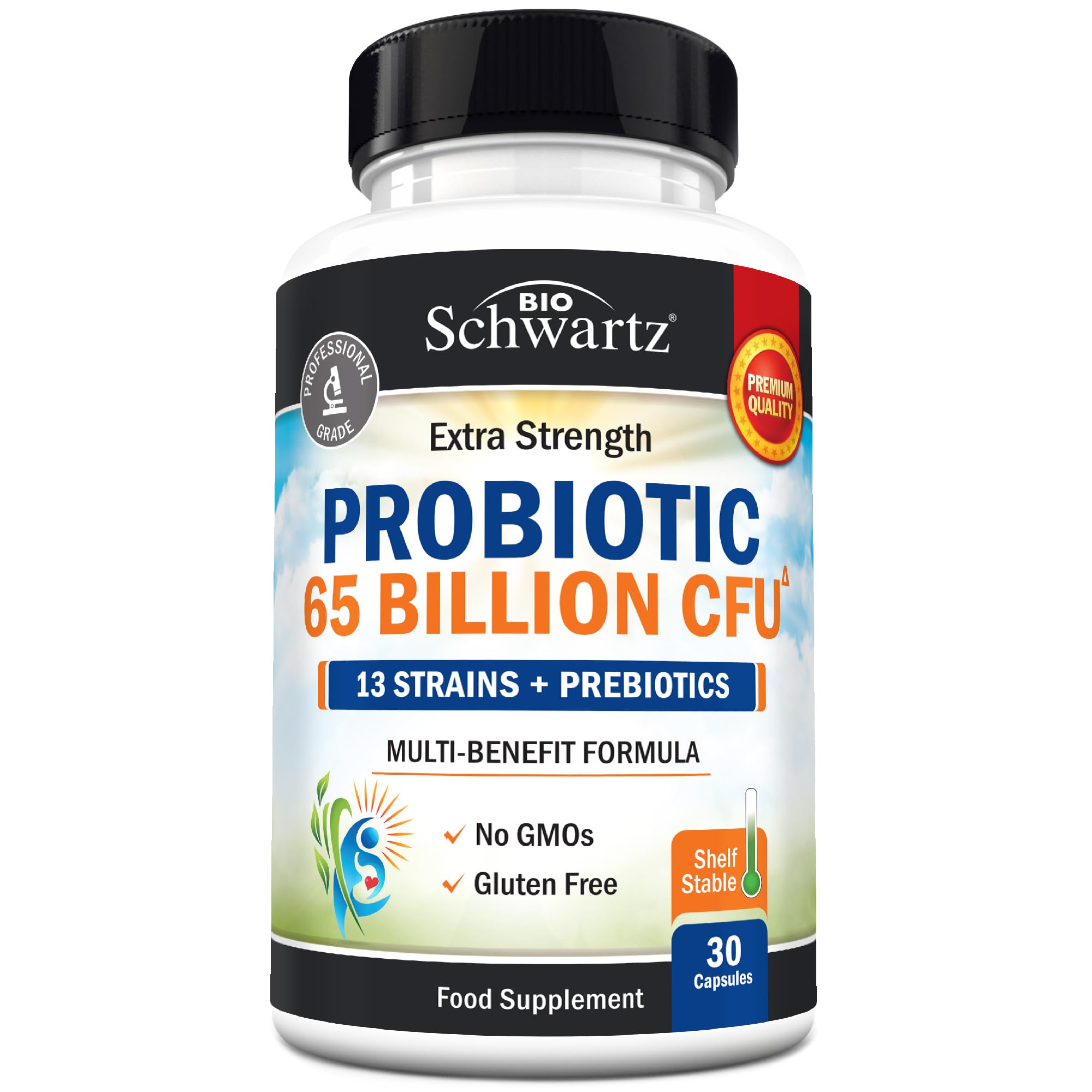 BioSchwartz Probiotic 65 Billion - Probiotics with Prebiotic for Women & Men - Lactobacillus Acidophilus Digestive Health Capsules - Targeted Release Technology - Shelf Stable Supplement Non-GMO -30ct