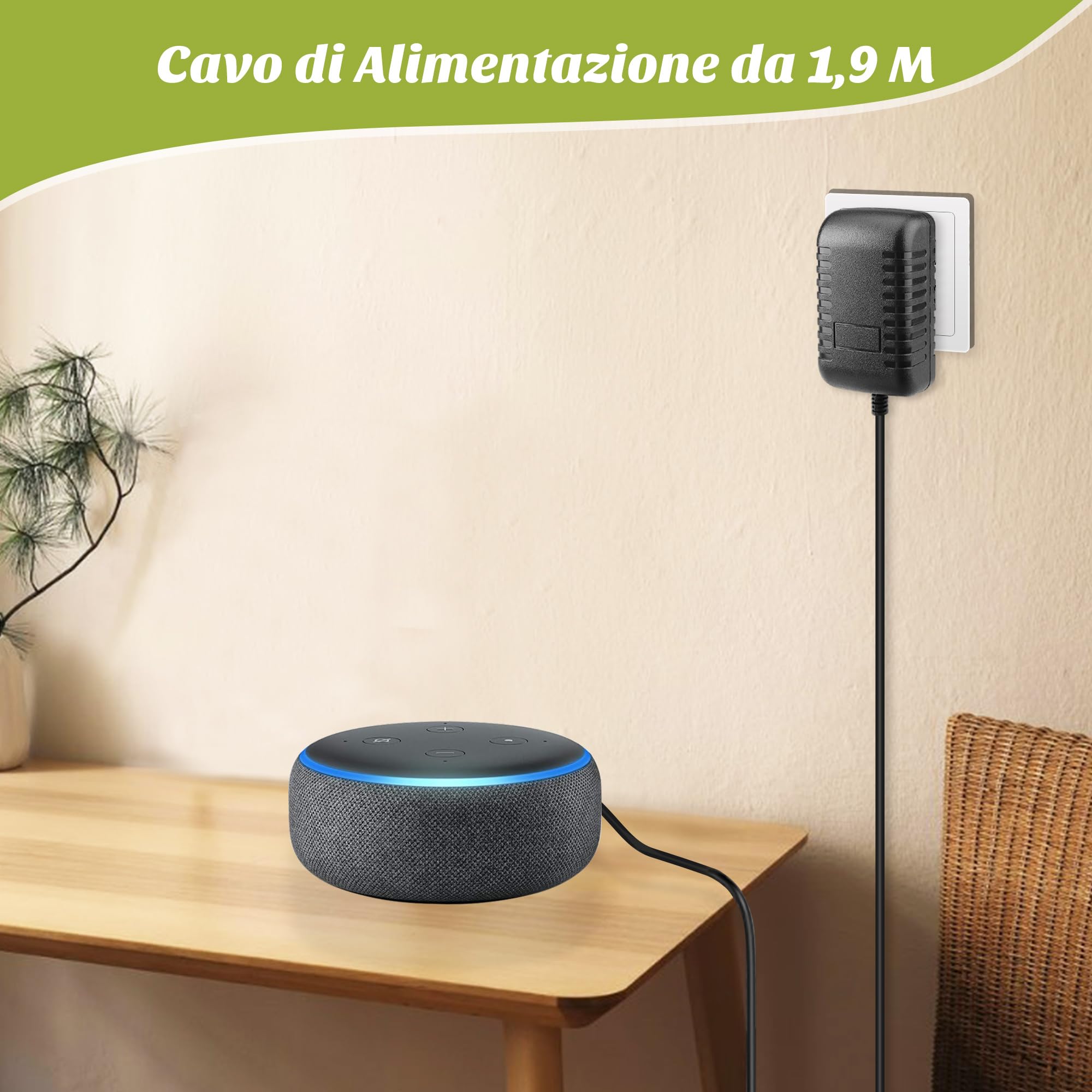 Xahpower 15W Caricatore per Echo Dot (3a/4a generazione), 12V Cavo Alimentatore Compatibile con Echo Show 5 (1a/2a generazione), Echo Dot (3a/4a generazione) con Orologio, Echo Spot e Fire TV Cube