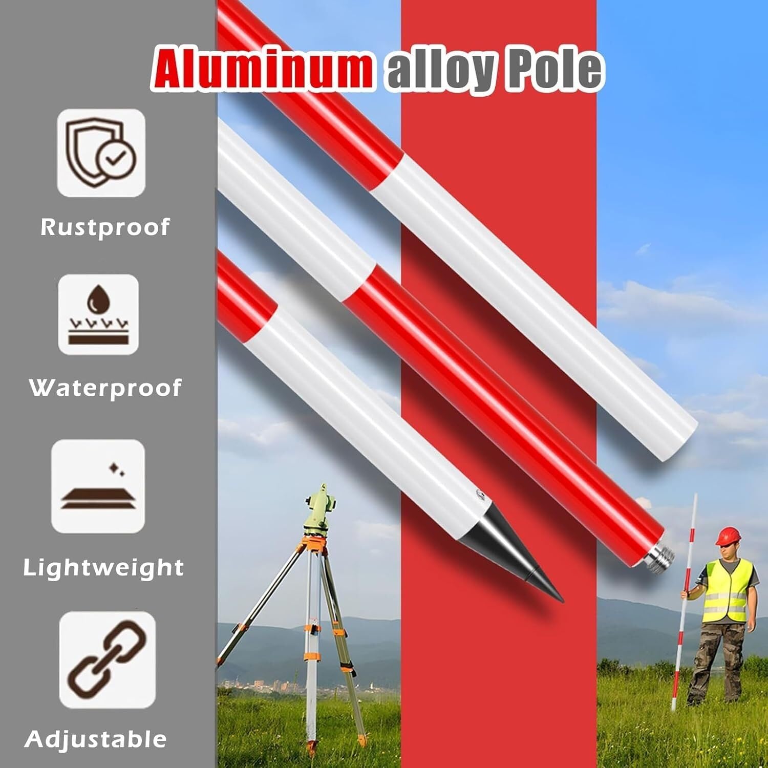 Varilla de medición topográfica Varilla telescópica de aluminio for inspección construcción, poste prisma ajustable con bolsa transporte, equipo topografía(3m/9.8ft)