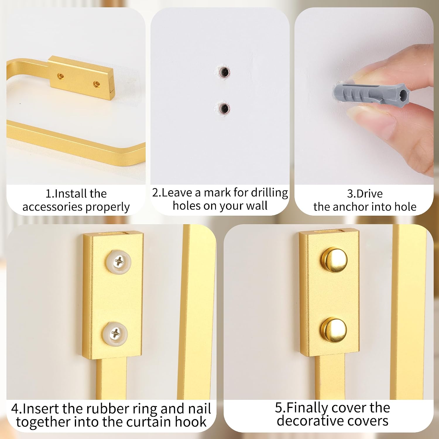 Groleca Set of 2 Modern Decorative Curtain Tiebacks and Holdbacks, Wall Mounted Aluminum Alloy Drapery Tiebacks Holder for Bedroom, Living Room, Kitchen Includes Screws (2, Gold)