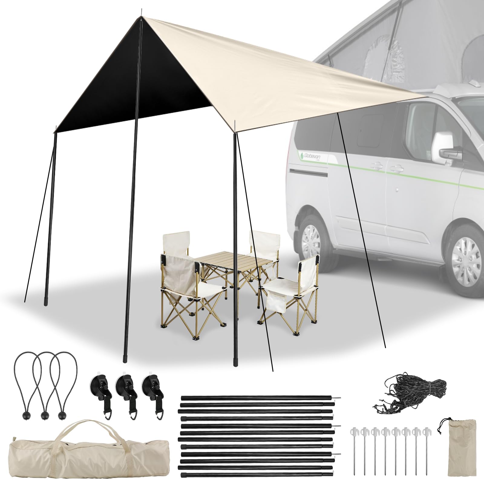 Auvent de Voiture Universel, Auvent Hydrofuge 240 cm/95 Pouces, Voile Ombrage de Voiture pour Camping avec Kits Complets, Montage À Ventouse Flexible