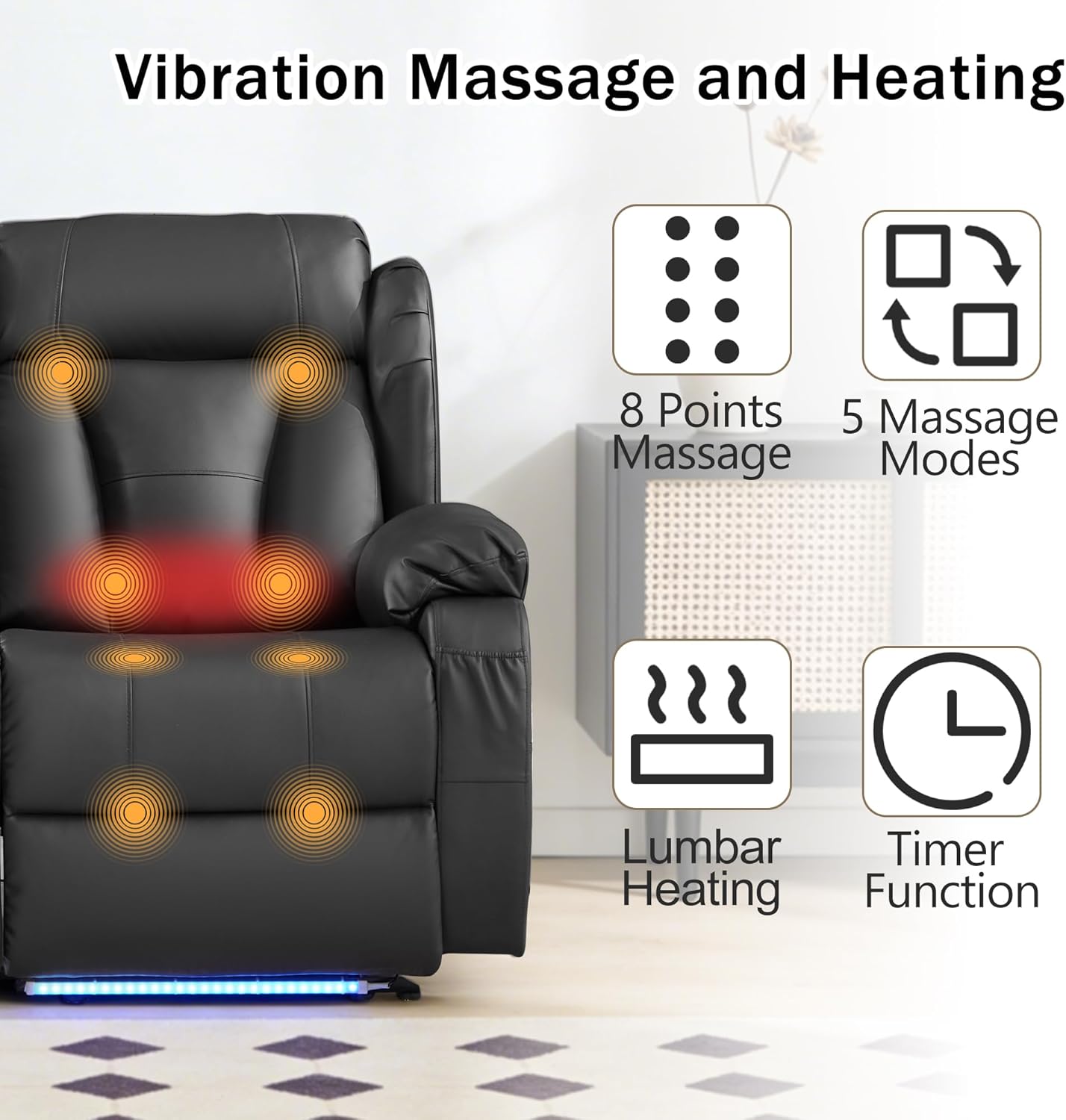 Power Loveseat Recliner Sofa with Massage and Heat, Zero Wall Hugger Home Theater Seating with Console, Faux Leather Reclining RV Couch with LED Lights, USB/AC Power & Cup Holders, Black
