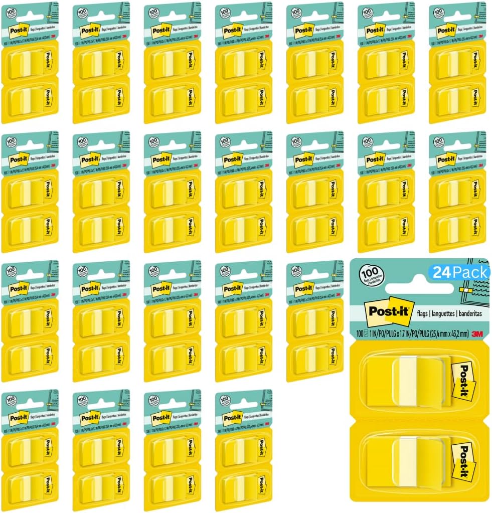 Post-it Flags, 1 in. Wide, 100/per Pack, Canary Yellow (680-YW2)- 24 Pack