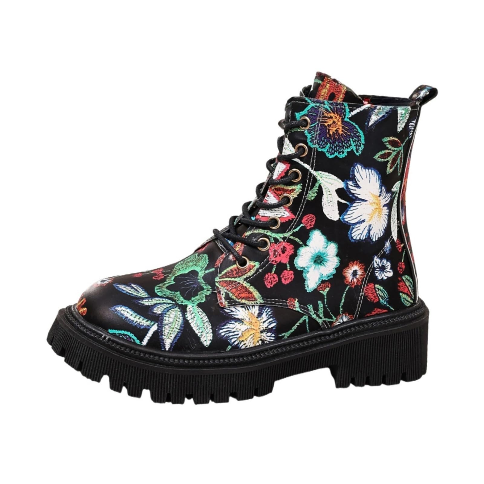 Womens Flowers Flat Ankle Boots Side Zipped Lace-Up Cowgirl Shoes Western Platform Winter Fall Combat Boots