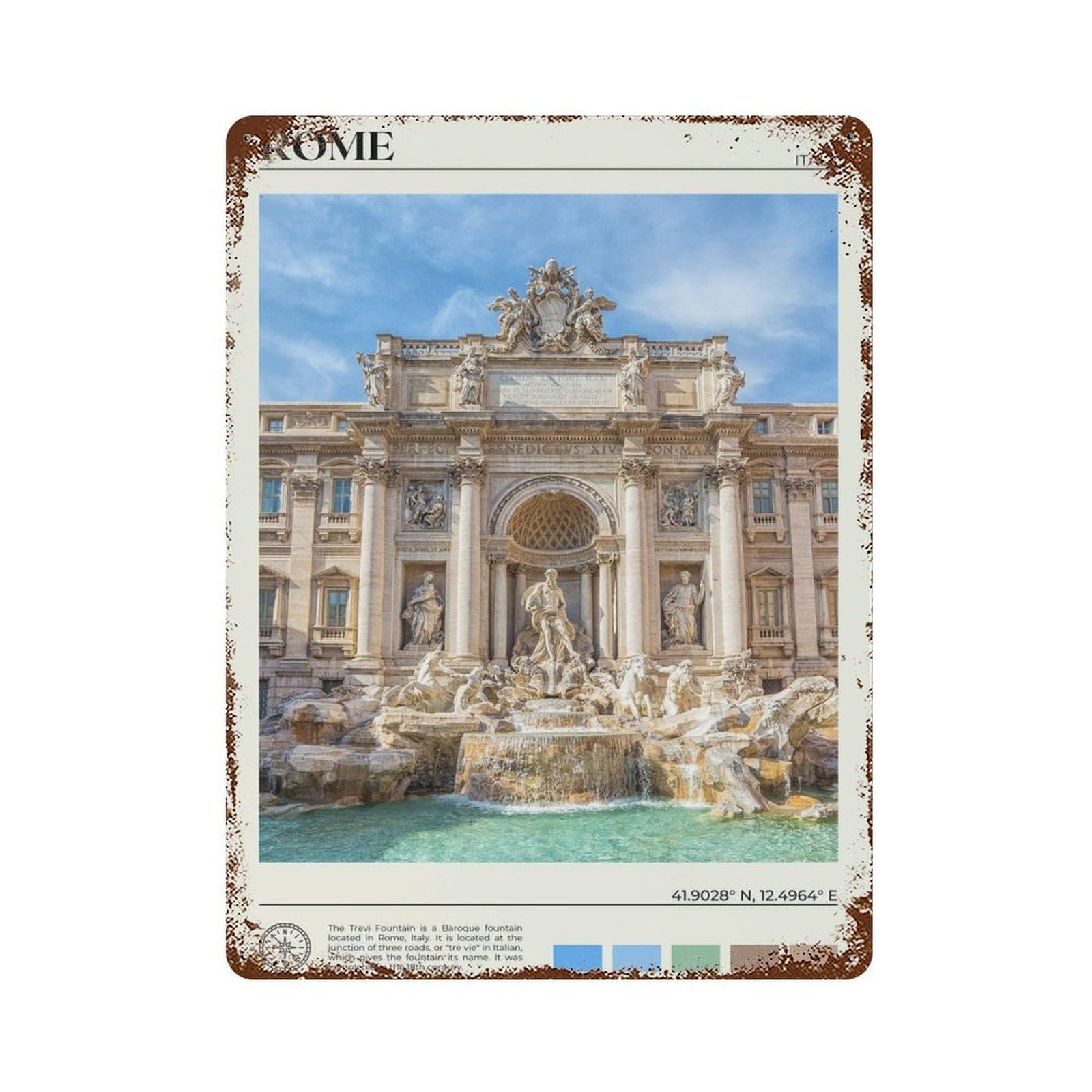 xiaoxiaoshen Real Photo Rome Decor Trevi Fountain Roma Italy Wall Decor Art Metal Tin Poster Modern Home Decor Art Home Bar Shop Decorations Vintage Sign 40x30cm