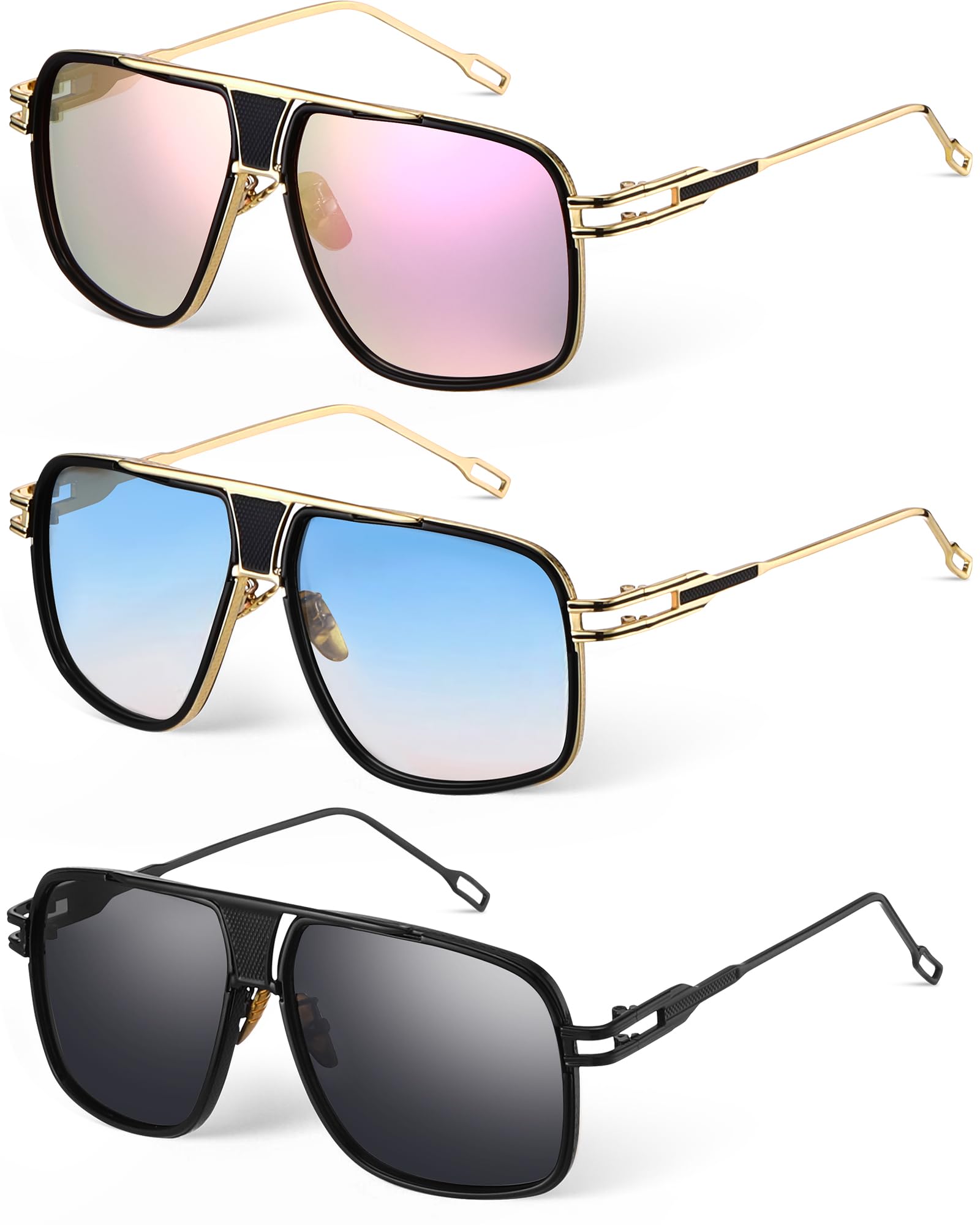Frienda 3 Pairs Retro Sunglasses for Men Oversized Men Shades Glasses Fashion Alloy Metal Gold Frame Polarized Sun Glasses Gray,pink,blue