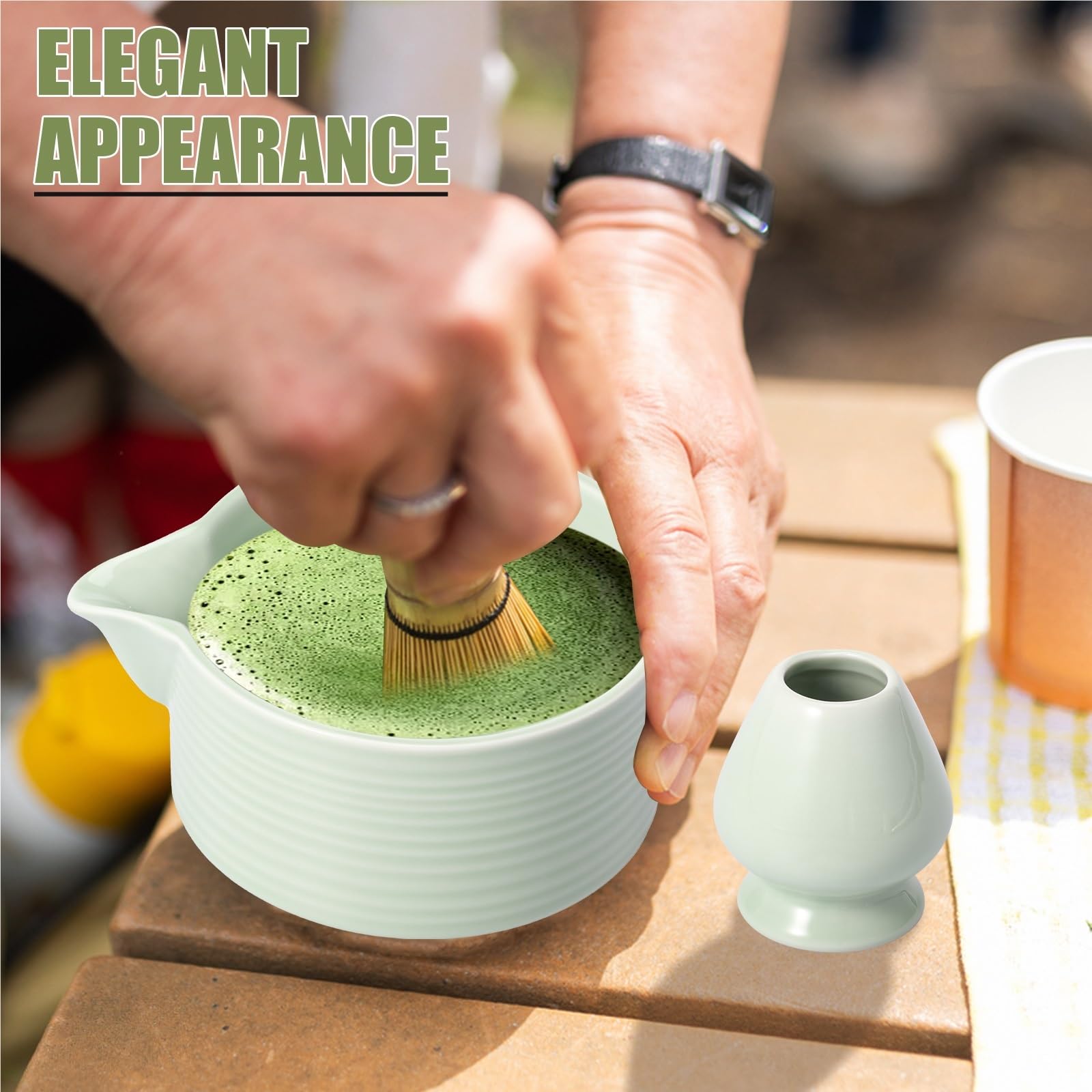 Juego de 4 herramientas for preparar té matcha, batidor de matcha, con cuchara, soporte y cuenco for principiantes y entusiastas. Juego de Té Matcha(White)