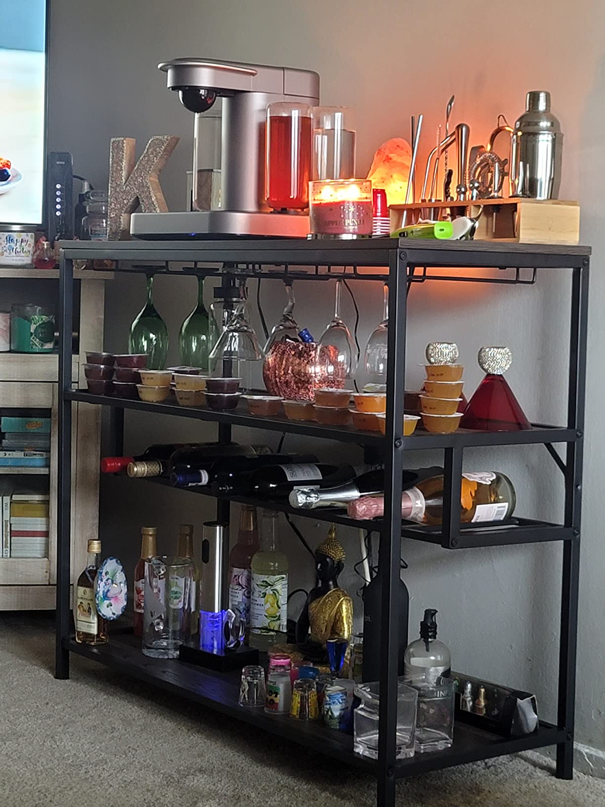 25/mo Finance LVB Wine Rack Table, Liquor Bar Freestanding Floor, Wooden Rustic Wine