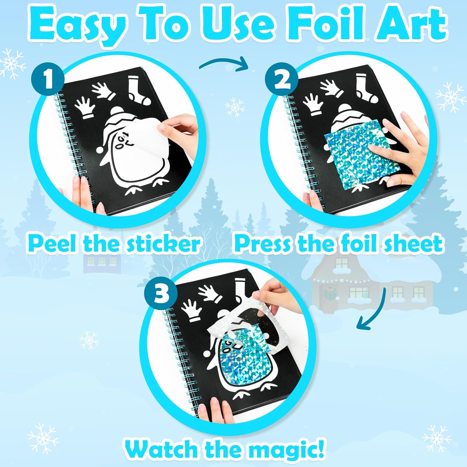 FUNNYB&G Foil Art Craft Kit for Girls 4-10 Years Old: Mess-Free & No-Glue, Create 16 Sparkly Winter Pictures – Perfect Travel Toy & Birthday Gift for Kids (Winter)
