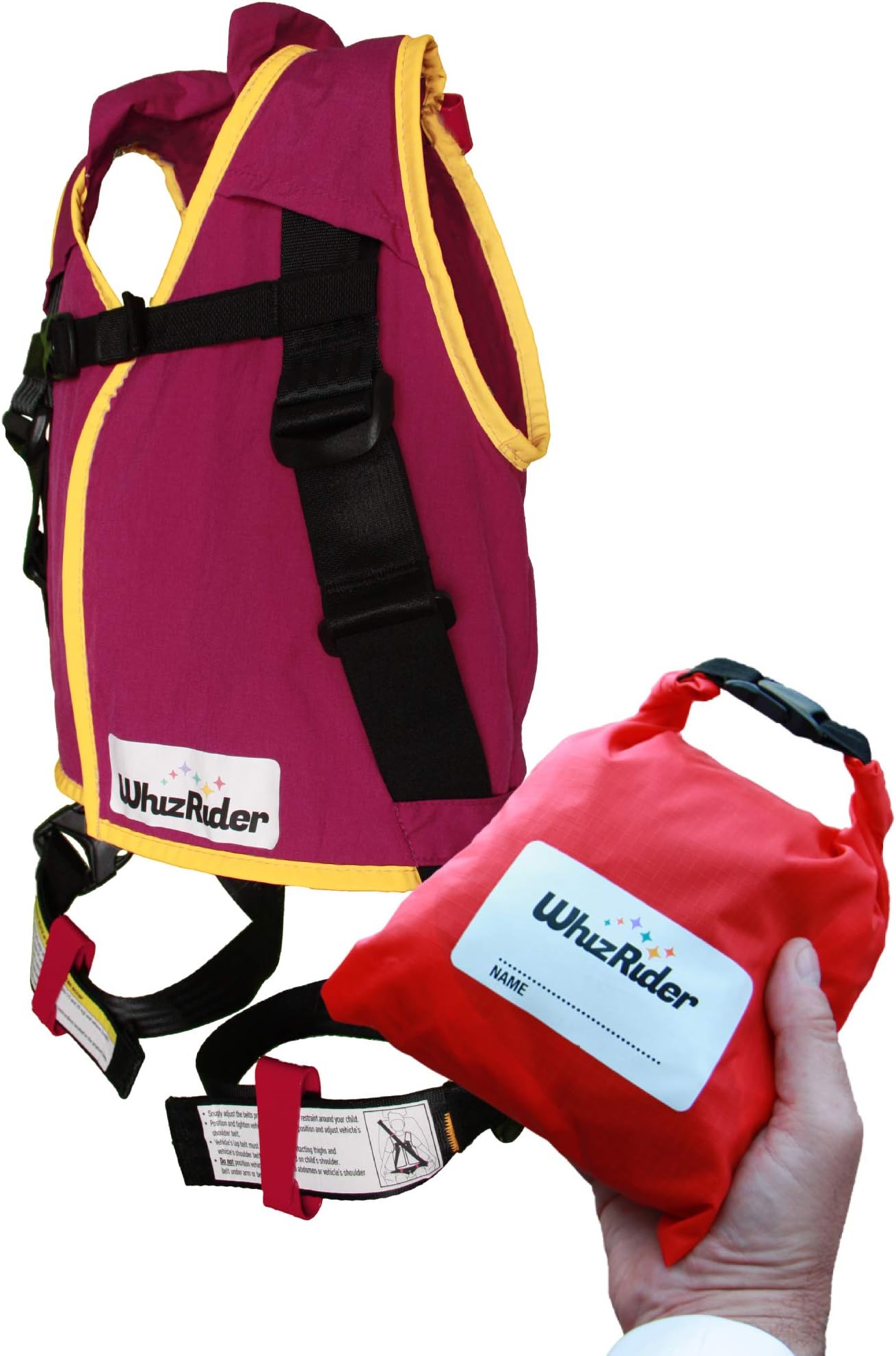 WhizRider, Most Compact, Safe Portable Car Seat Ever - Harness-Style Restraint System for Carpooling, Ride-Sharing, 3-in-A-Row, Travel, and More. (Berry/Large)