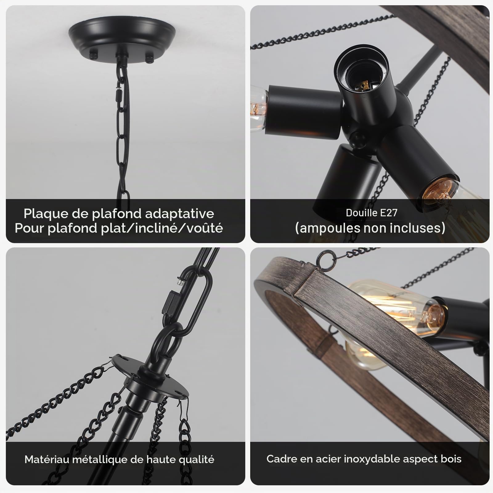 Lustre Industriel En Roue De Chariot Noir 4 Lumières 60W Hauteur Réglable | Luminaire Plafonnier Vintage,Lustre Salle à Manger, Suspension Luminaire Salon pour Salon,Cuisine, EntréE, Chambre,E27
