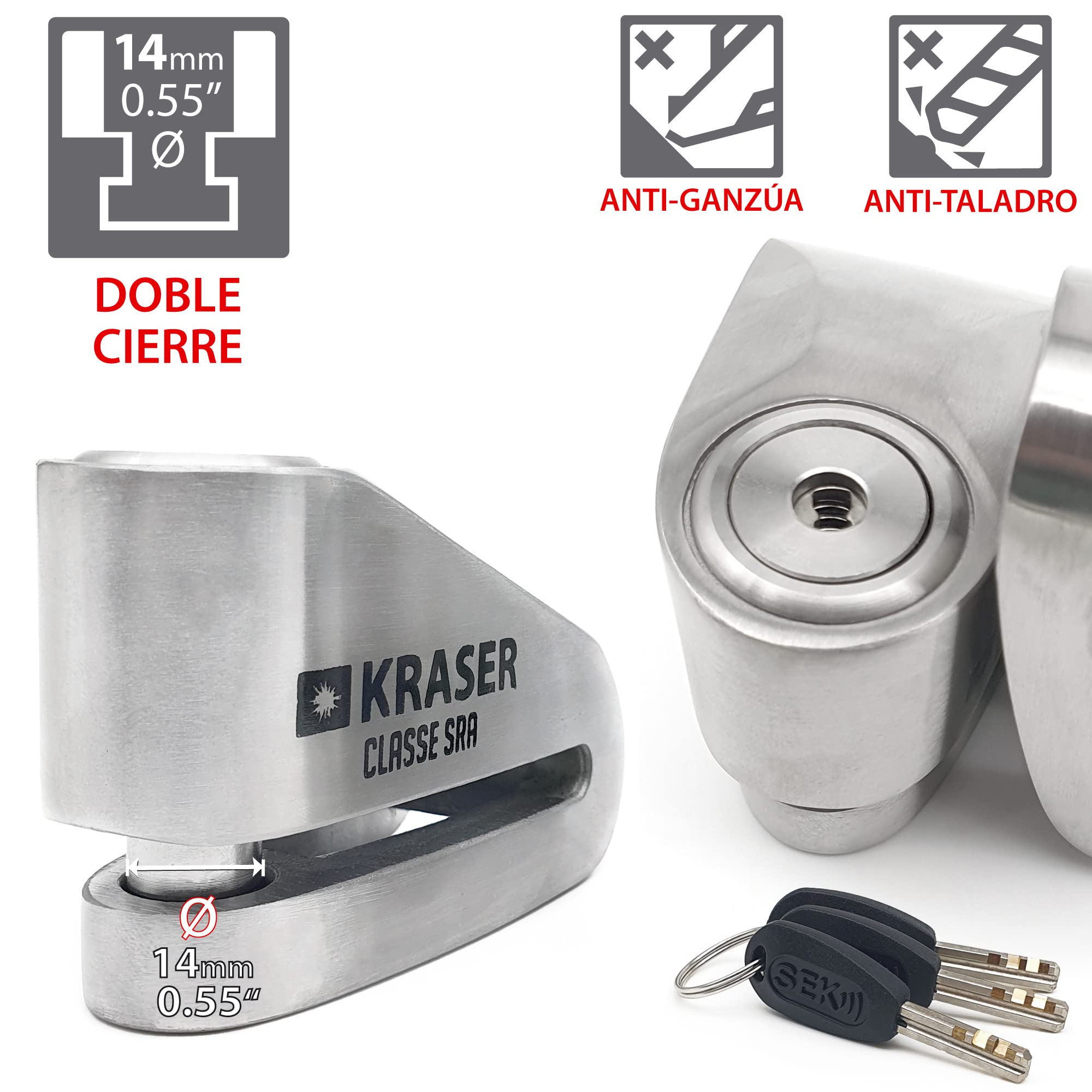 KRASER KR114S Candado Moto Disco Homologado SRA, Doble Bloqueo ø14mm +Ligero, Cerradura Acero Inoxidable Alta Seguridad, Cable Recordatorio, Antirrobo Motocicleta Pinza Scooter, Bicicleta Eléctrica