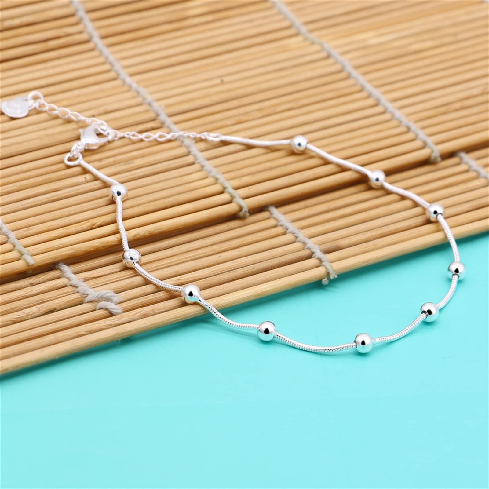 Fußkettchen Sommer Modeschmuck 925 Sterling Silber Fußkettchen Weibliche Modelle Einfacher Stil Runde Perle Solide Silber Fußkette Frauen Fußkettchen