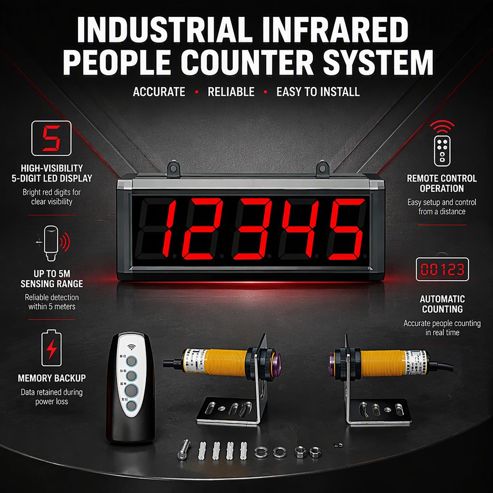 Compteur Numérique Automatique, Compteur LED Numérique 3" À 5 Chiffres avec Télécommande, Plage De Comptage De 1 À 99 999, Distance De Détection du Capteur : 5 m, pour Usine