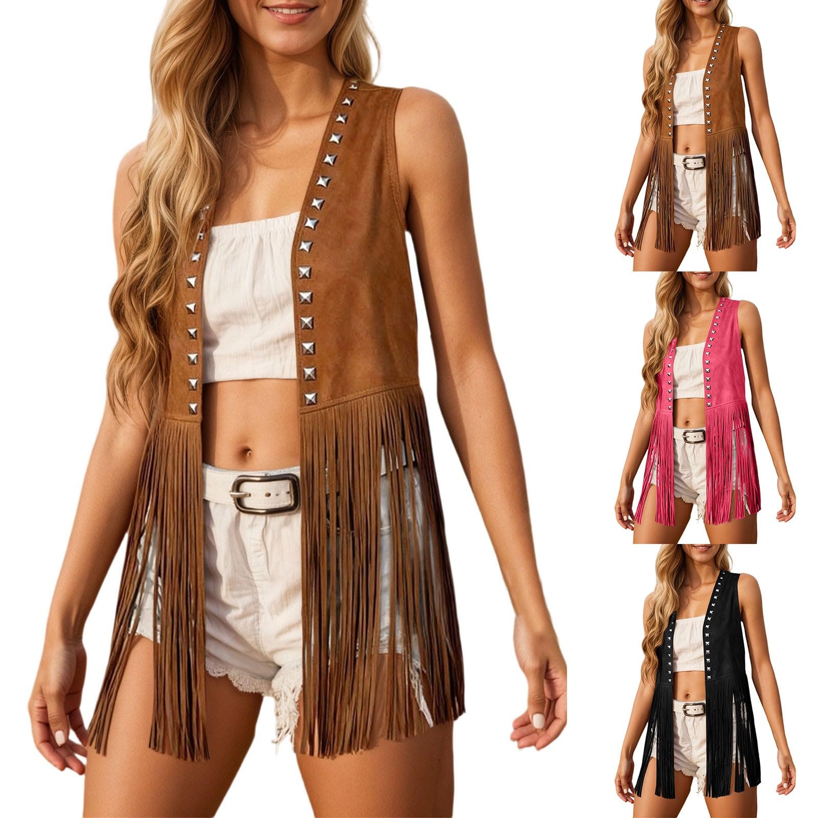 Generisch Chaleco de ante sintético para mujer, con flecos, estilo étnico, vaquero, vaquera, hippie, sin mangas, cárdigan para carnaval, disfraz, cosplay, fiesta, 60, 70, piel sintética, chaleco con