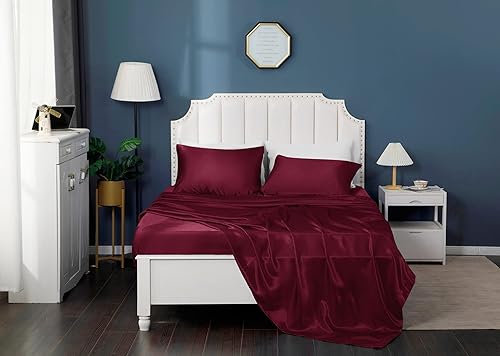 Miniatura 3 de YUHX Juego de 2 fundas de almohada de satén de seda para cabello y piel, color burdeos, tamaño estándar, fundas de almohada suaves y sedosas con