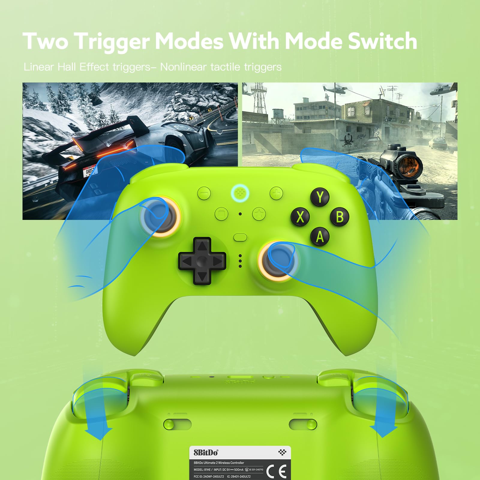 8Bitdo Ultimate 2 Wireless Controller für PC Android Apple Steam, TMR Joystick, 2.4G Gamepad mit Ladestation (GREEN)