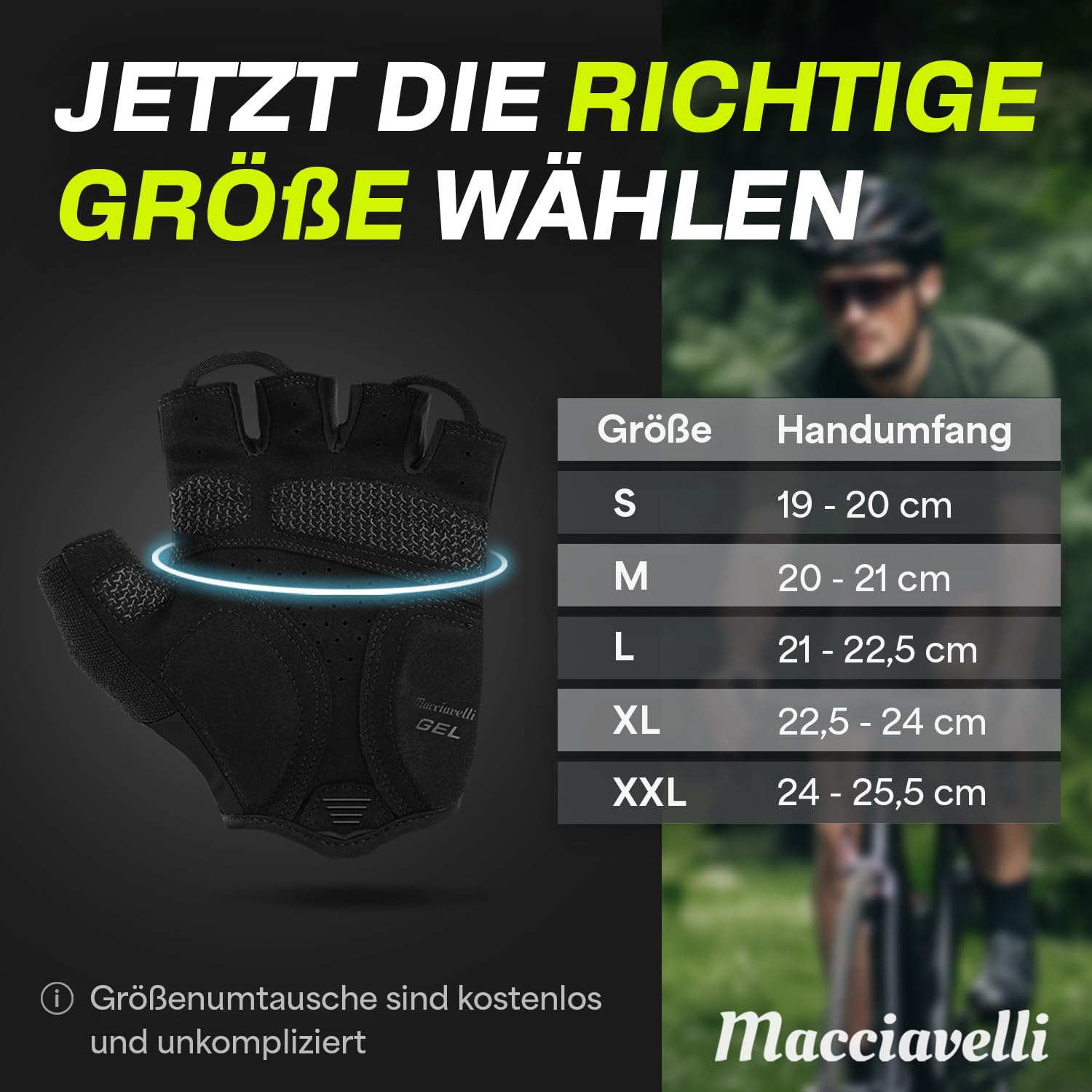 MACCIAVELLI - Guantes de ciclismo para hombre | acolchados, transpirables, seguros | Guantes de ciclismo MTB para hombre y mujer | Guantes de ciclismo sin dedos con inserciones de gel - Ideal para MTB