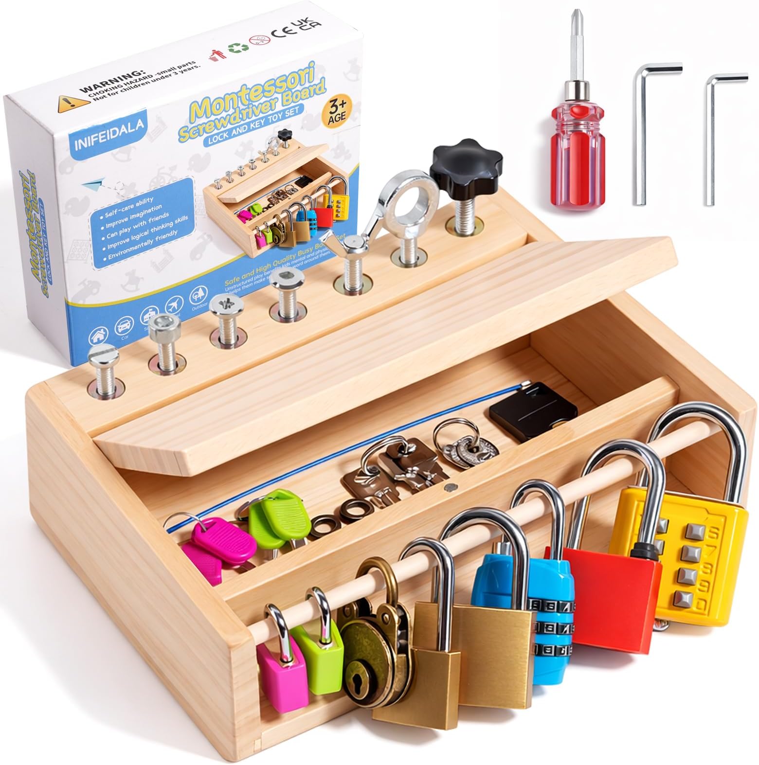 INIFEIDALA Montessori Toys for 3 4 5 Year Old,Montessori Screwdriver Board Set-Lock and Key Toy,Kids Tool Set,Preschool Learning Sensory Activities - Fine Motor Skills - STEM Toys