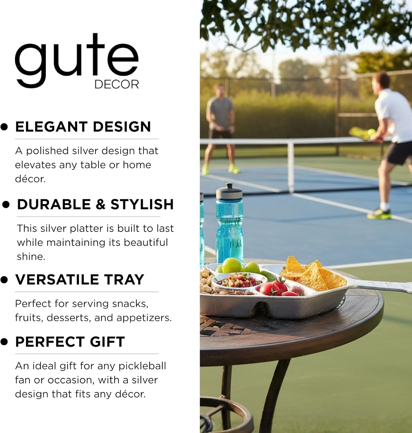 Silver Pickleball Serving Dish 13.7 Inch – Modern Decorative Tray with Heavy Polished Finish, Large Metal Centerpiece Platter, Snacks Fruits Appetizers Desserts, Home Decor Gift for Pickle ball Lovers