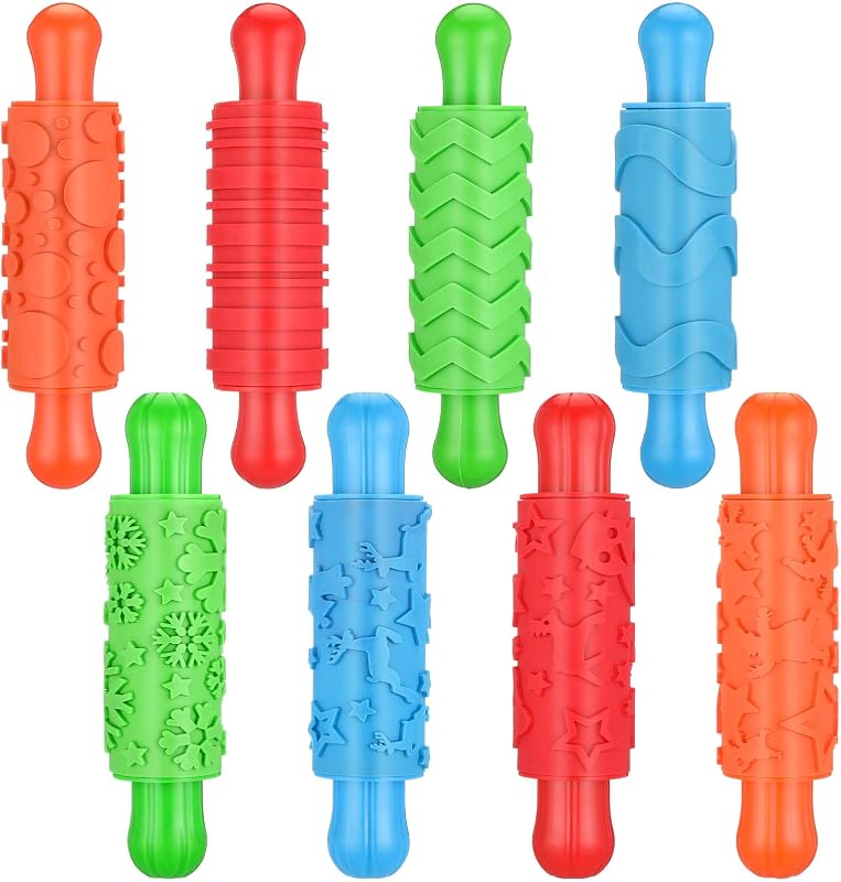 Aoriher 8 Play Clay Rollers for Kids Textured Rollers with Plastic Handles