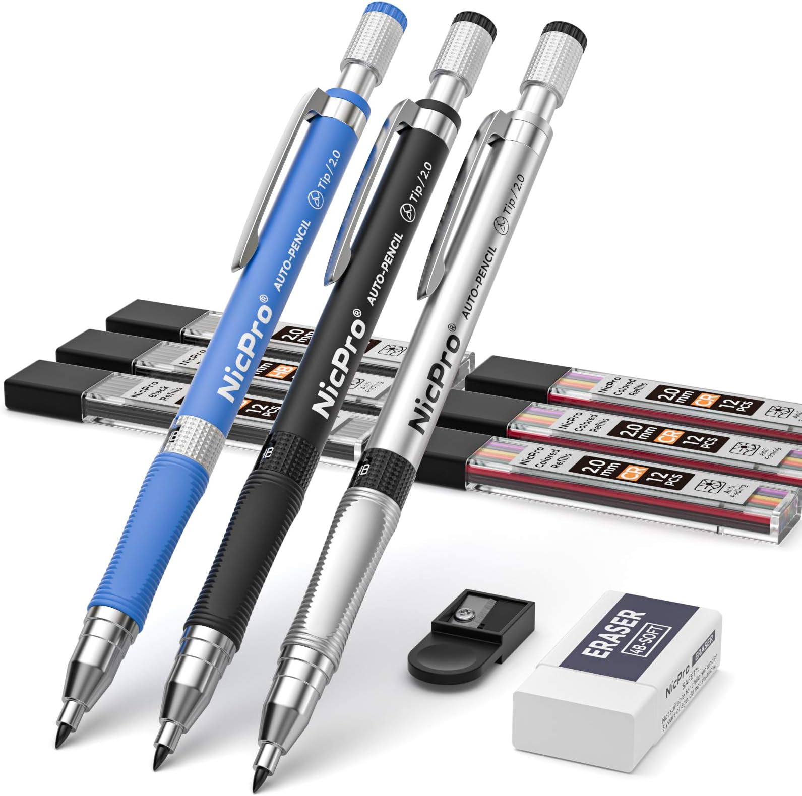 – 11 PCS Colors 2mm Mechanical Pencil Set, 3 PCS Carpenter Drafting Pencil 2.0 mm for Art Drawing Writing Sketching Construction with 6 Tube Pre-Sharpen 2B & Color Refill, Eraser, Sharpener