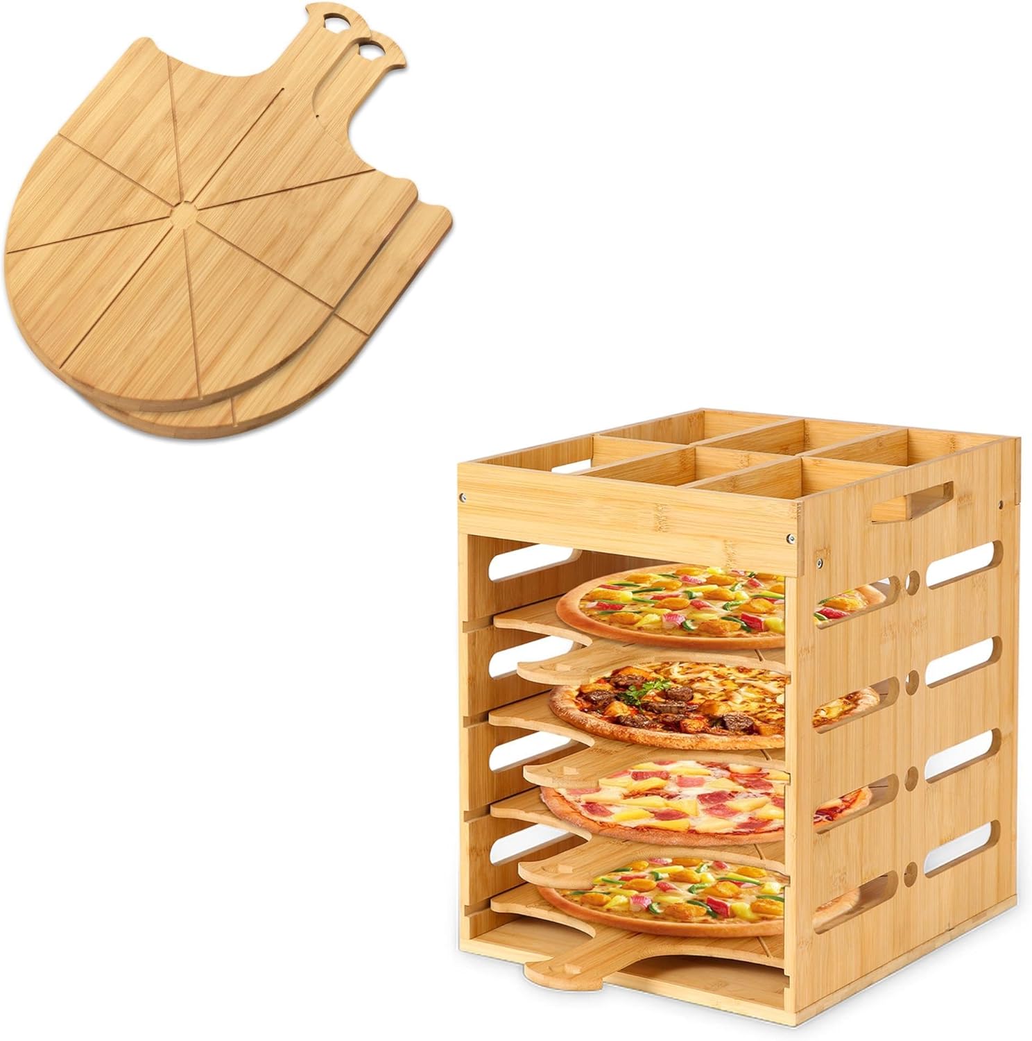 6piece 12inch Non-Stick Wooden Pizza Peel with Stand，Non-Stick Bamboo Pizza Peel with Cutting Grooves，Rack Stand with Top Storage Container Divider for Easy Pizza Making