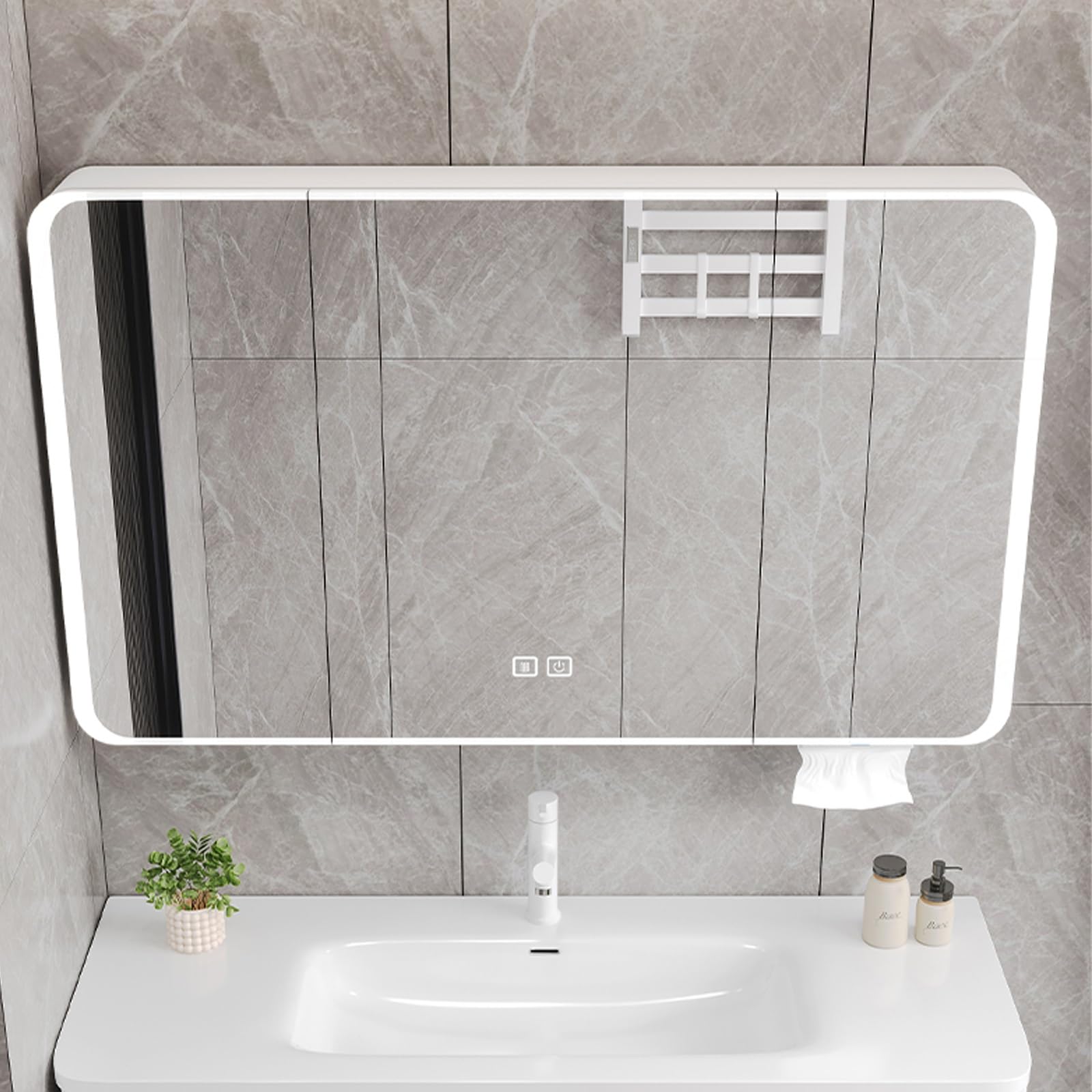 Specchio Bagno Contenitore Con Luce ，Mobile Bagno Con Specchio，Ampia Capacità Di Archiviazione, Tocco Intelligente, Design Antiappannamento, Adatto A Molteplici Scenari(Gray,70cm/27.5in)