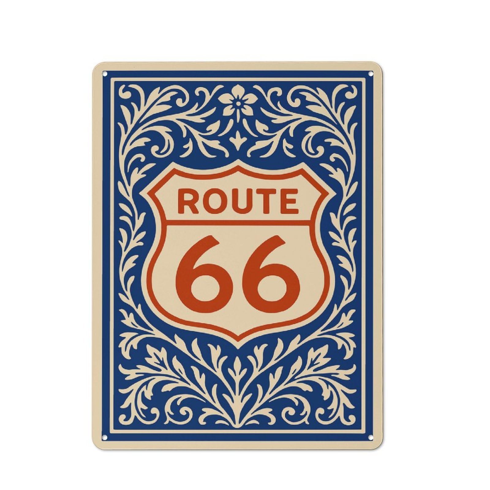 Route 66 Sign with Floral Border Decorative Metal Plaque 40x30cm, Loft Style Urban Room Decor for Flat, Bar, Studio Or Gallery Wall