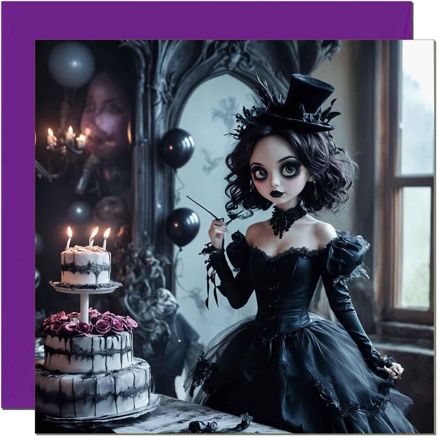 Gothic Birthday Card for Girls Her Women Ladies Cute Tim Burton Girl 145 x 145mm