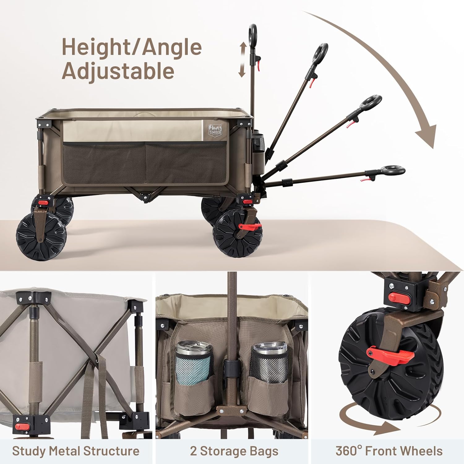Timber Ridge Collapsible Wagon Utility Folding Cart Heavy Duty All Terrain Wheels for Outdoor Shopping Camping Garden Sports with Side Bag and Cup Holders, Tan